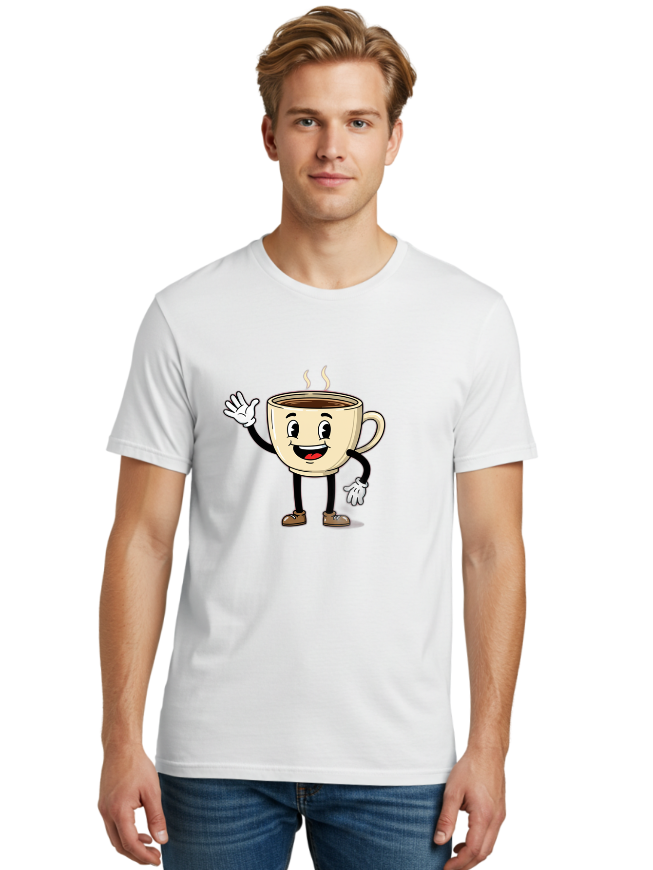 Coffee-Cup-Character-1 Men'S Graphic Tee, 100% Cotton, Comfortable Casual Summer Wear, Machine Washable, Smiling Coffee Cup, Cartoon Character, Steaming Hot Coffee, Waving Hand, Happy Face, Coffee Lover, Morning Pick-Me-Up, Caffeine Boost Baa360