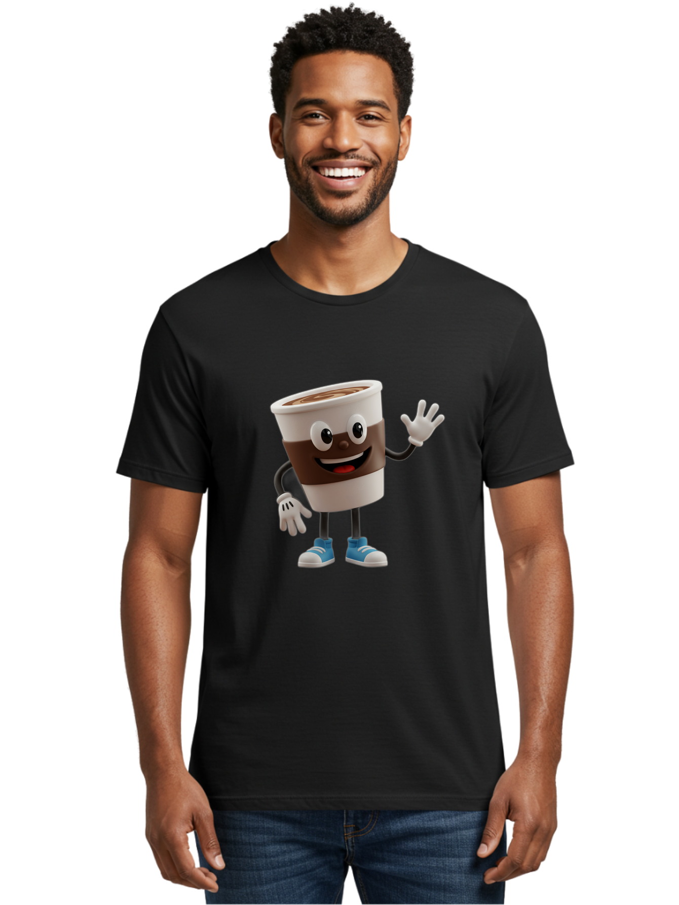 Coffee-Cup-Character Men'S Graphic Tee, 100% Cotton, Comfortable Casual Summer Wear, Machine Washable, Cartoon Coffee Cup, Happy Face, Waving Hand, Blue Sneakers, Coffee Lover, Morning Pick-Me-Up, Animated Beverage, Friendly Character, Baa362