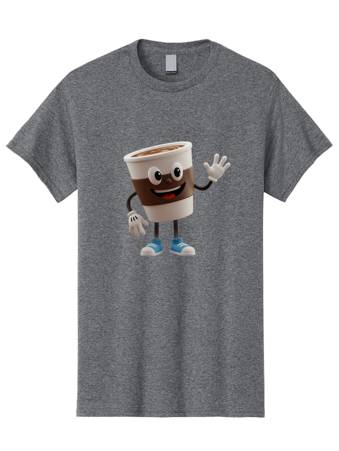 Coffee-Cup-Character Men'S Graphic Tee, 100% Cotton, Comfortable Casual Summer Wear, Machine Washable, Cartoon Coffee Cup, Happy Face, Waving Hand, Blue Sneakers, Coffee Lover, Morning Pick-Me-Up, Animated Beverage, Friendly Character, Baa362