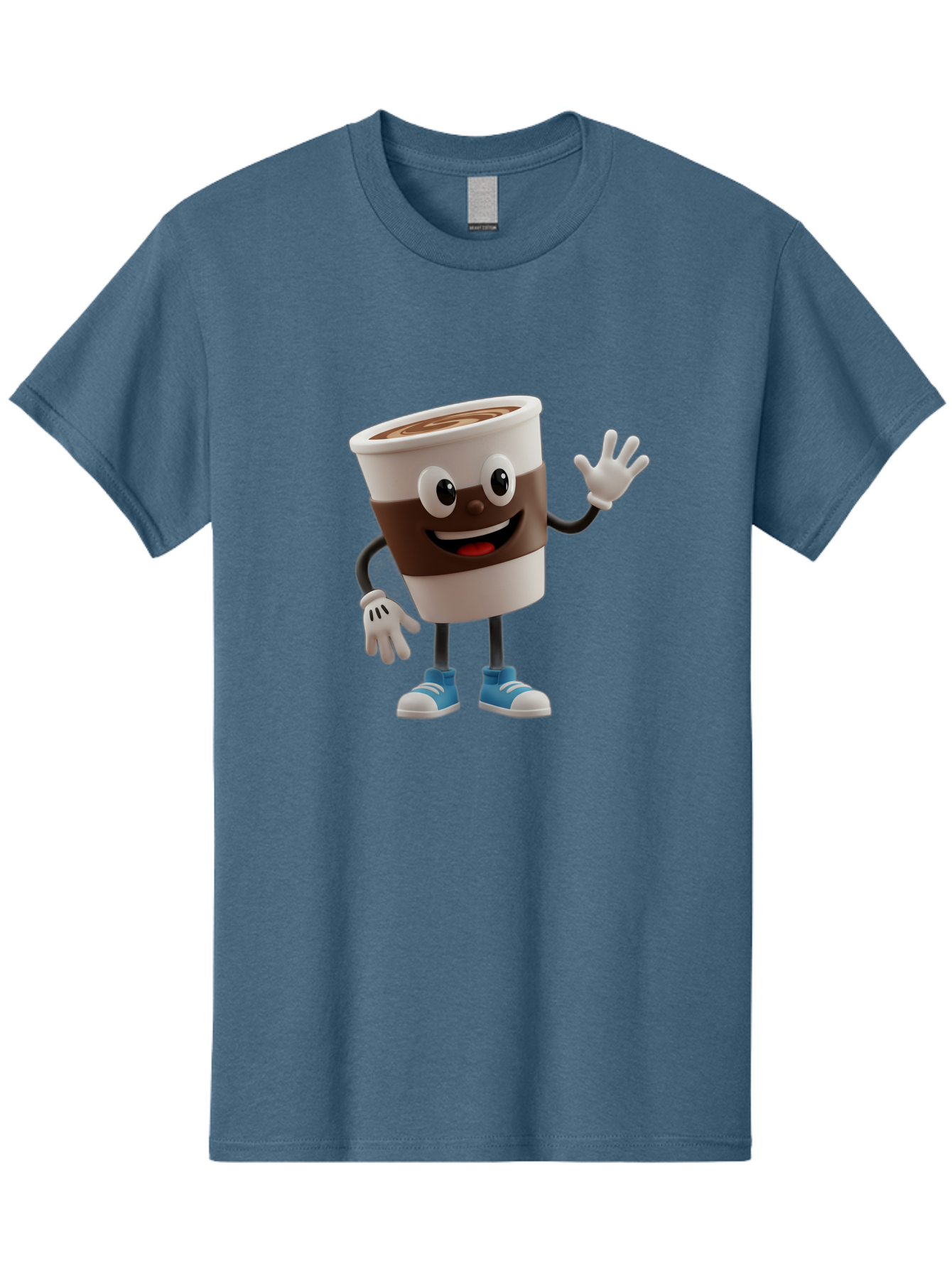 Coffee-Cup-Character Men'S Graphic Tee, 100% Cotton, Comfortable Casual Summer Wear, Machine Washable, Cartoon Coffee Cup, Happy Face, Waving Hand, Blue Sneakers, Coffee Lover, Morning Pick-Me-Up, Animated Beverage, Friendly Character, Baa362