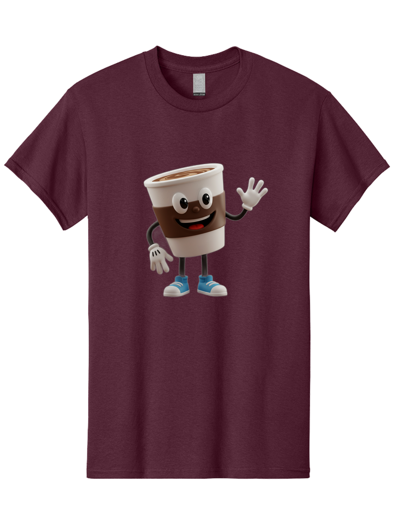 Coffee-Cup-Character Men'S Graphic Tee, 100% Cotton, Comfortable Casual Summer Wear, Machine Washable, Cartoon Coffee Cup, Happy Face, Waving Hand, Blue Sneakers, Coffee Lover, Morning Pick-Me-Up, Animated Beverage, Friendly Character, Baa362