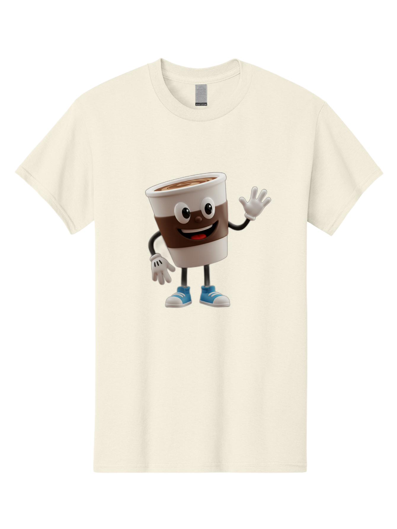 Coffee-Cup-Character Men'S Graphic Tee, 100% Cotton, Comfortable Casual Summer Wear, Machine Washable, Cartoon Coffee Cup, Happy Face, Waving Hand, Blue Sneakers, Coffee Lover, Morning Pick-Me-Up, Animated Beverage, Friendly Character, Baa362