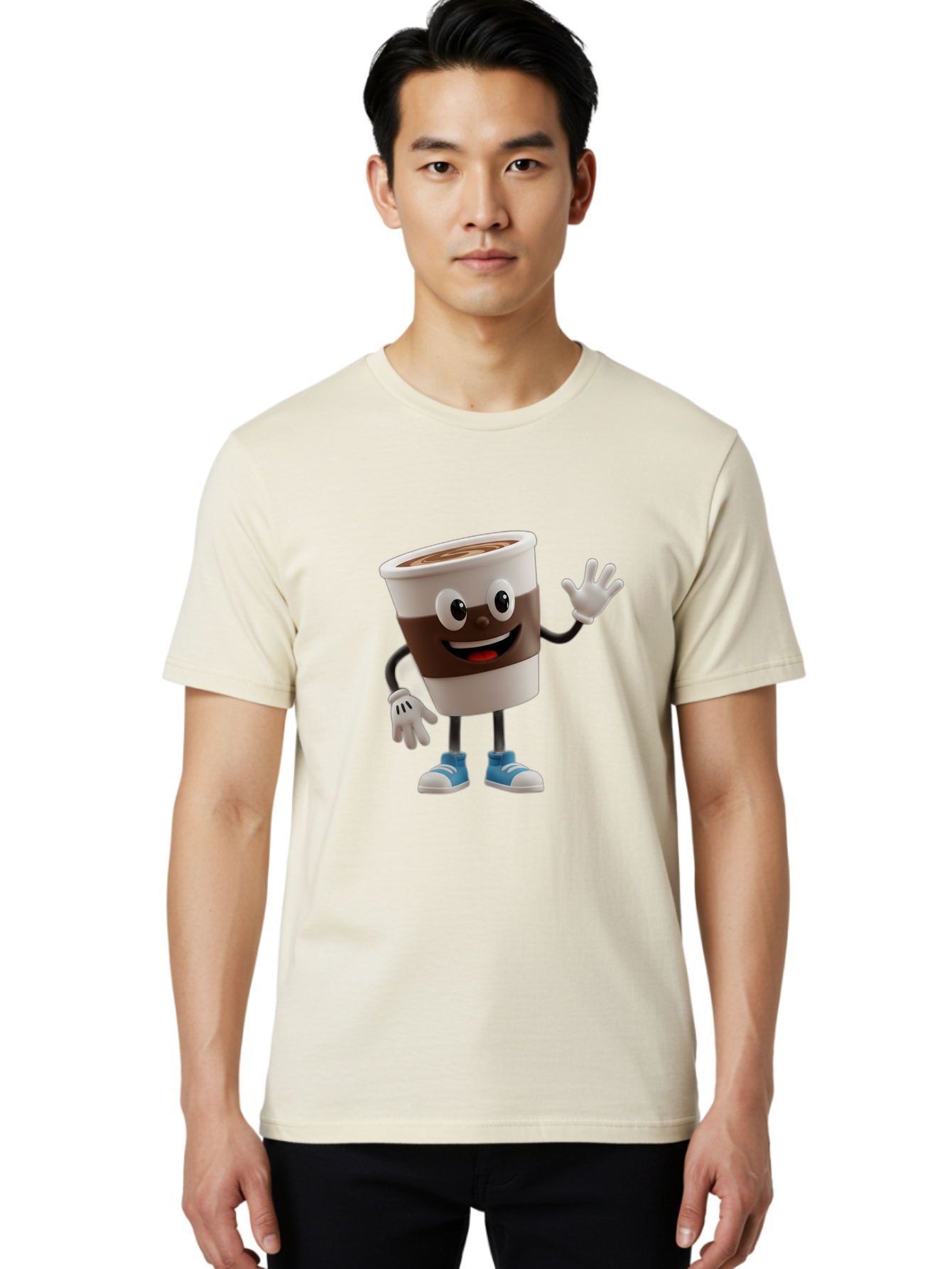 Coffee-Cup-Character Men'S Graphic Tee, 100% Cotton, Comfortable Casual Summer Wear, Machine Washable, Cartoon Coffee Cup, Happy Face, Waving Hand, Blue Sneakers, Coffee Lover, Morning Pick-Me-Up, Animated Beverage, Friendly Character, Baa362