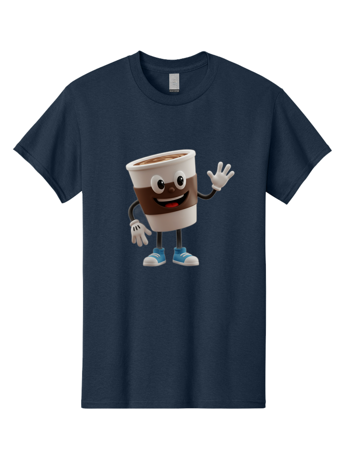 Coffee-Cup-Character Men'S Graphic Tee, 100% Cotton, Comfortable Casual Summer Wear, Machine Washable, Cartoon Coffee Cup, Happy Face, Waving Hand, Blue Sneakers, Coffee Lover, Morning Pick-Me-Up, Animated Beverage, Friendly Character, Baa362