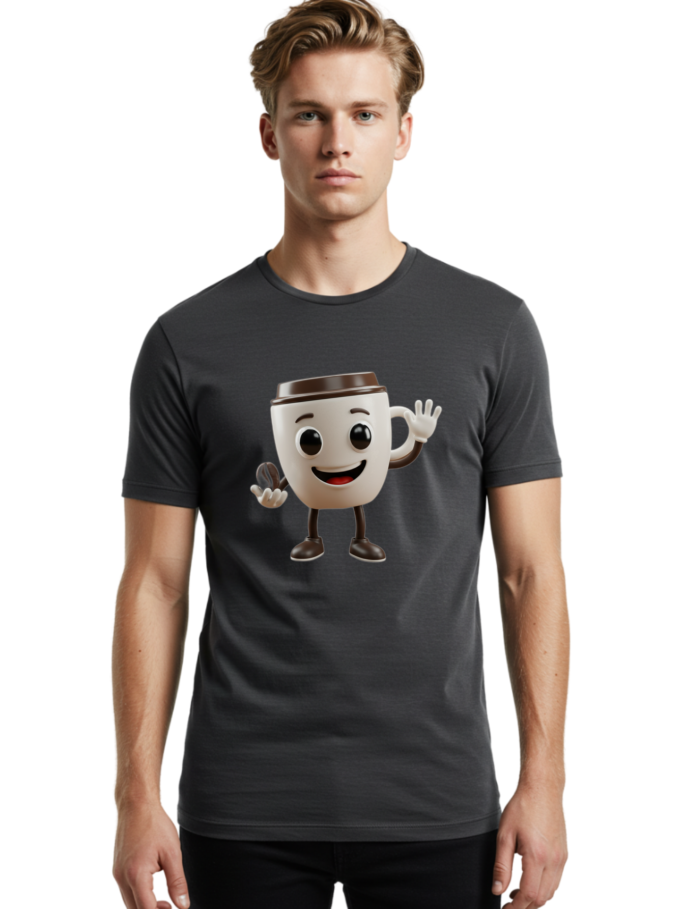 Coffee-Cup-Mascot Men'S Graphic Tee, 100% Cotton, Comfortable Casual Summer Wear, Machine Washable, Cartoon Coffee Cup, Smiling Face, Waving Hands, Black Accents, Coffee To Go, Playful Character, Morning Pick-Me-Up, Caffeinated Fun Baa363