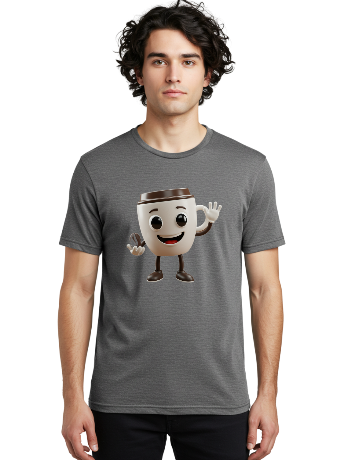 Coffee-Cup-Mascot Men'S Graphic Tee, 100% Cotton, Comfortable Casual Summer Wear, Machine Washable, Cartoon Coffee Cup, Smiling Face, Waving Hands, Black Accents, Coffee To Go, Playful Character, Morning Pick-Me-Up, Caffeinated Fun Baa363
