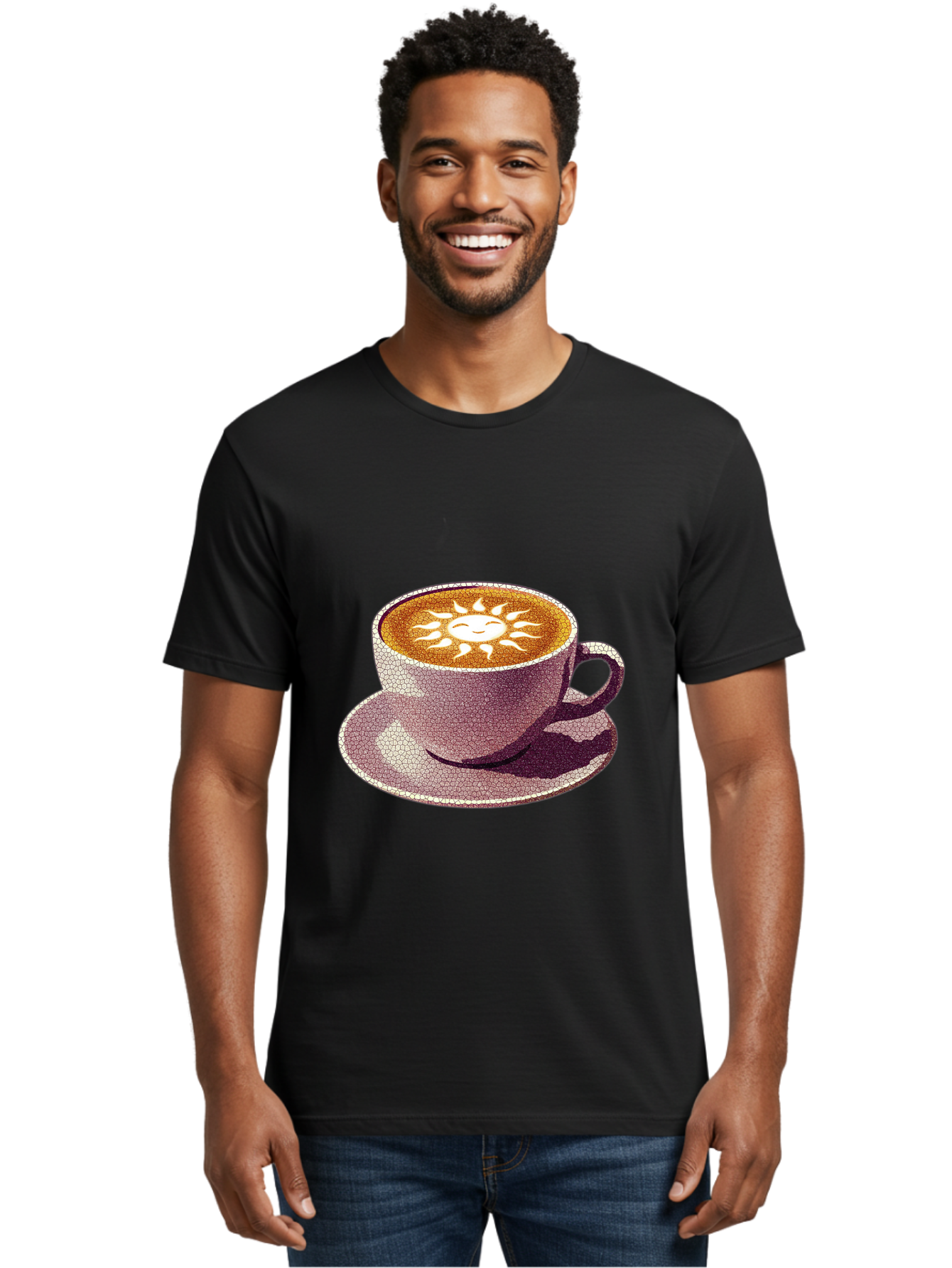 Coffee-Cup-Sun Men'S Graphic Tee, 100% Cotton, Comfortable Casual Summer Wear, Machine Washable, Coffee Cup, Latte Art, Sun Design, Heart Shape, Morning Coffee, Coffee Break, Espresso, Cafe Culture, Warm Beverage, Daily Grind Baa364