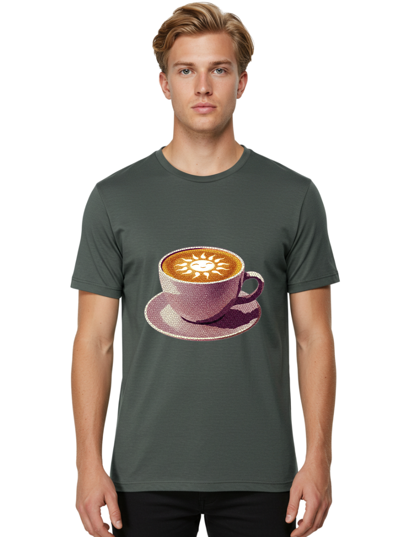 Coffee-Cup-Sun Men'S Graphic Tee, 100% Cotton, Comfortable Casual Summer Wear, Machine Washable, Coffee Cup, Latte Art, Sun Design, Heart Shape, Morning Coffee, Coffee Break, Espresso, Cafe Culture, Warm Beverage, Daily Grind Baa364