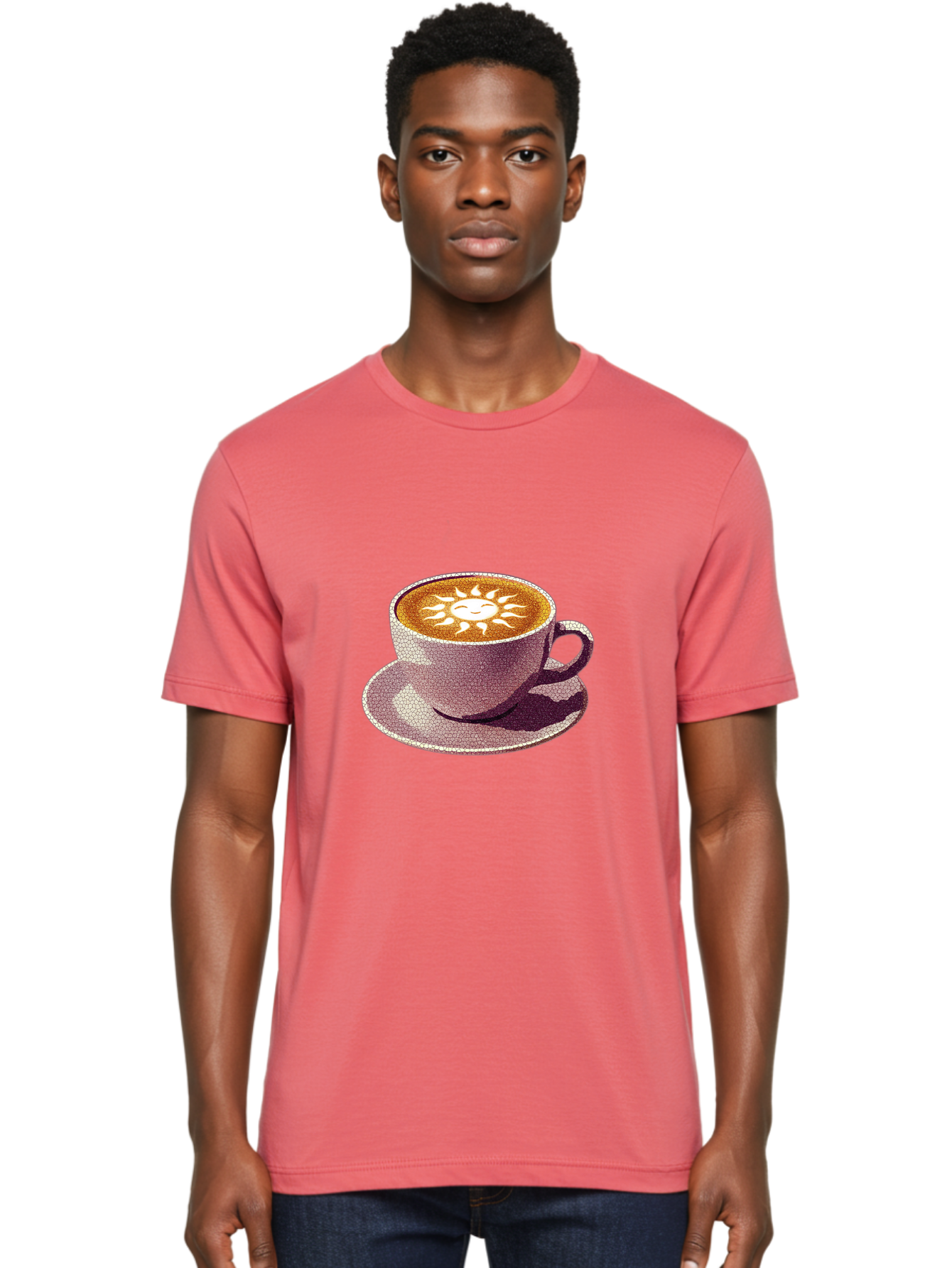 Coffee-Cup-Sun Men'S Graphic Tee, 100% Cotton, Comfortable Casual Summer Wear, Machine Washable, Coffee Cup, Latte Art, Sun Design, Heart Shape, Morning Coffee, Coffee Break, Espresso, Cafe Culture, Warm Beverage, Daily Grind Baa364