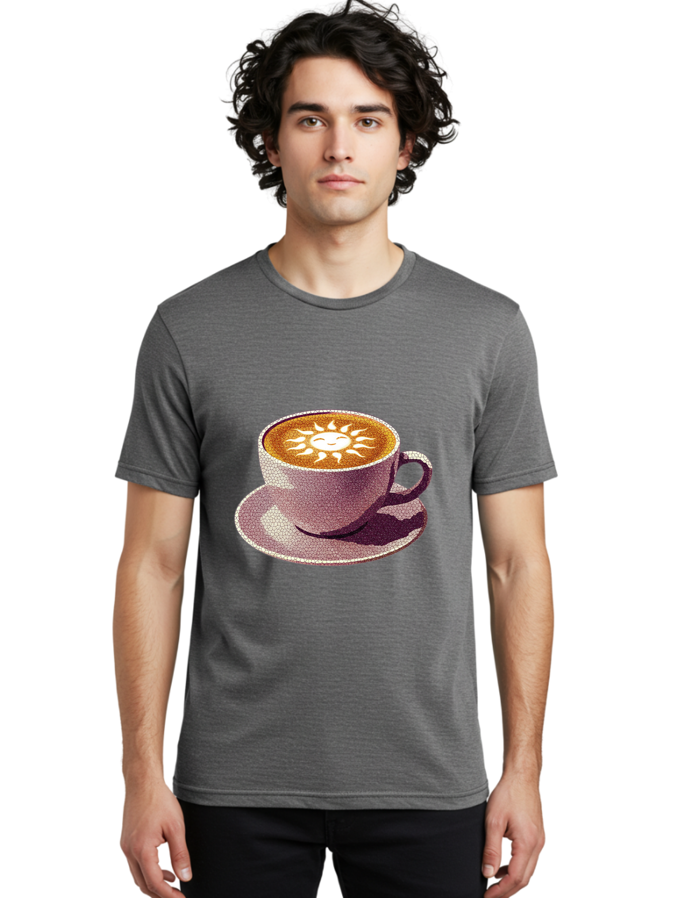 Coffee-Cup-Sun Men'S Graphic Tee, 100% Cotton, Comfortable Casual Summer Wear, Machine Washable, Coffee Cup, Latte Art, Sun Design, Heart Shape, Morning Coffee, Coffee Break, Espresso, Cafe Culture, Warm Beverage, Daily Grind Baa364