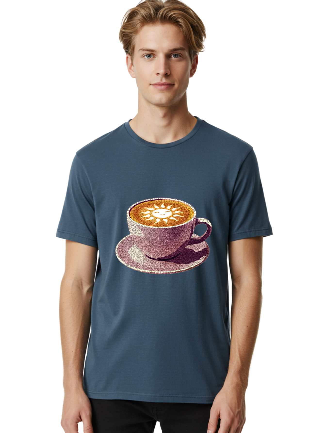 Coffee-Cup-Sun Men'S Graphic Tee, 100% Cotton, Comfortable Casual Summer Wear, Machine Washable, Coffee Cup, Latte Art, Sun Design, Heart Shape, Morning Coffee, Coffee Break, Espresso, Cafe Culture, Warm Beverage, Daily Grind Baa364