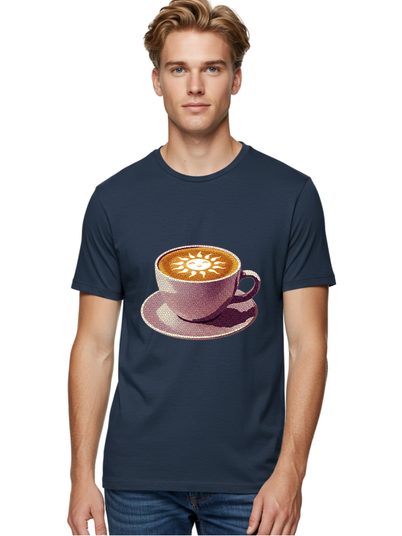Coffee-Cup-Sun Men'S Graphic Tee, 100% Cotton, Comfortable Casual Summer Wear, Machine Washable, Coffee Cup, Latte Art, Sun Design, Heart Shape, Morning Coffee, Coffee Break, Espresso, Cafe Culture, Warm Beverage, Daily Grind Baa364