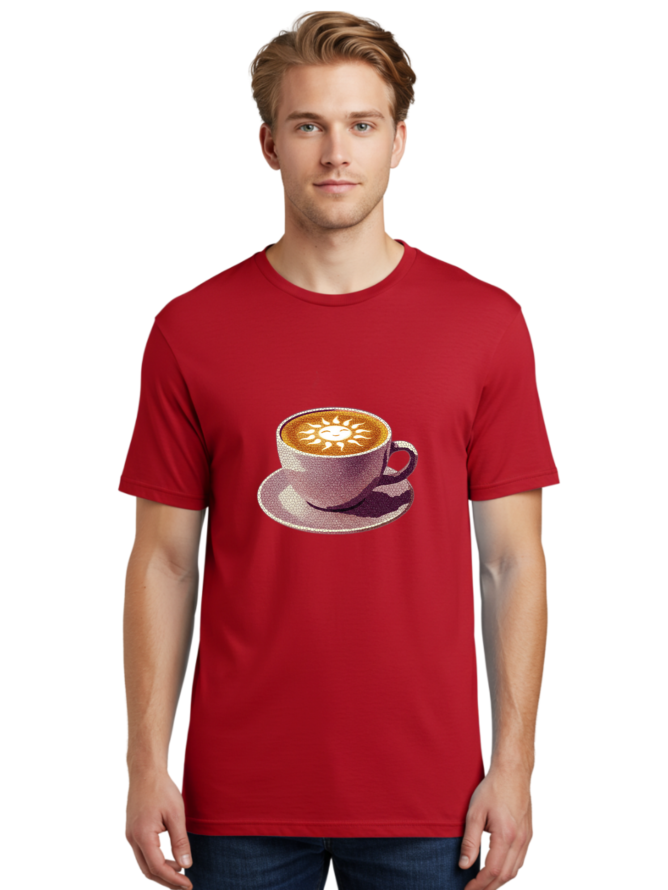 Coffee-Cup-Sun Men'S Graphic Tee, 100% Cotton, Comfortable Casual Summer Wear, Machine Washable, Coffee Cup, Latte Art, Sun Design, Heart Shape, Morning Coffee, Coffee Break, Espresso, Cafe Culture, Warm Beverage, Daily Grind Baa364
