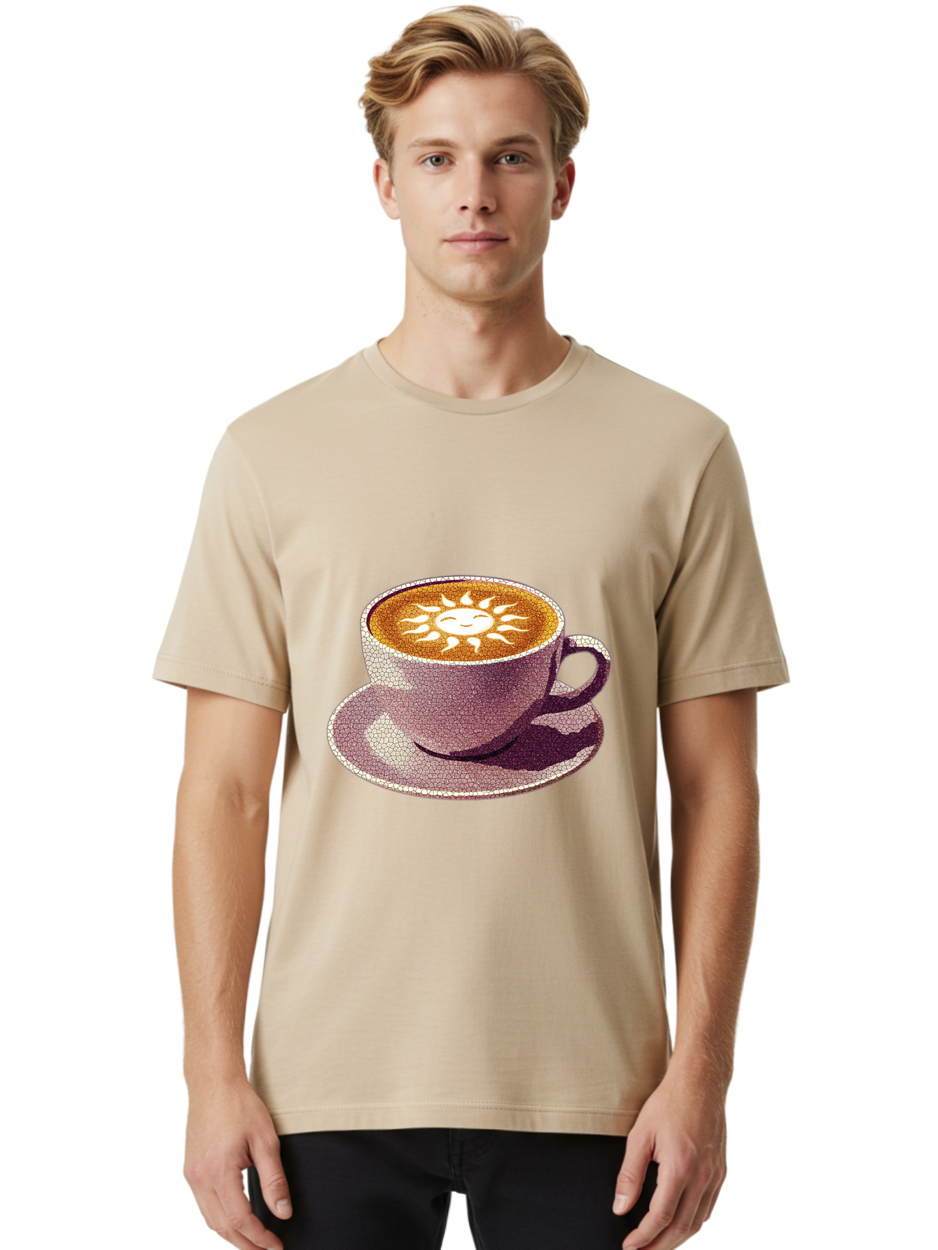 Coffee-Cup-Sun Men'S Graphic Tee, 100% Cotton, Comfortable Casual Summer Wear, Machine Washable, Coffee Cup, Latte Art, Sun Design, Heart Shape, Morning Coffee, Coffee Break, Espresso, Cafe Culture, Warm Beverage, Daily Grind Baa364