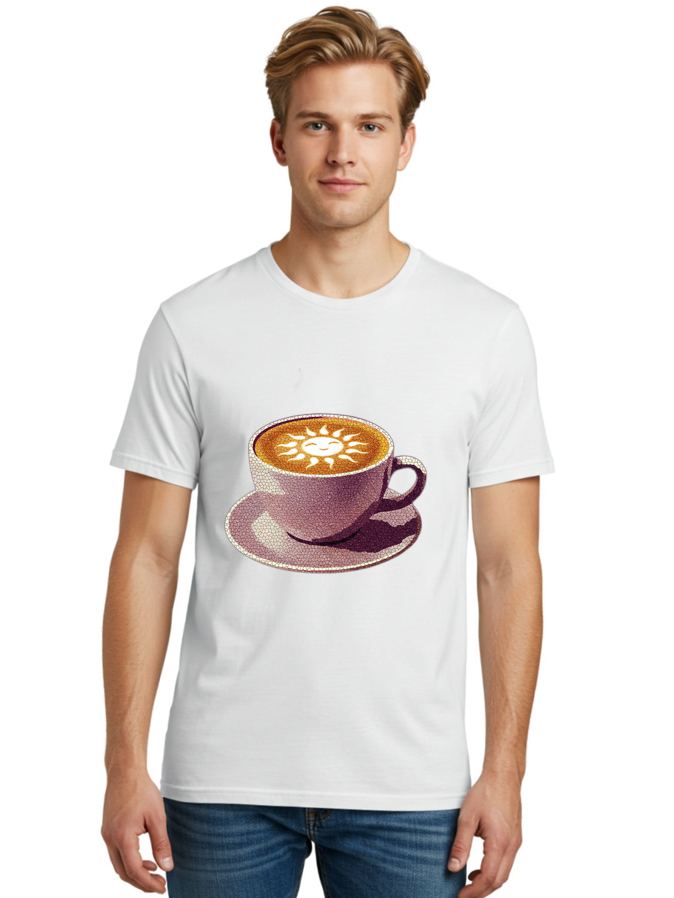 Coffee-Cup-Sun Men'S Graphic Tee, 100% Cotton, Comfortable Casual Summer Wear, Machine Washable, Coffee Cup, Latte Art, Sun Design, Heart Shape, Morning Coffee, Coffee Break, Espresso, Cafe Culture, Warm Beverage, Daily Grind Baa364