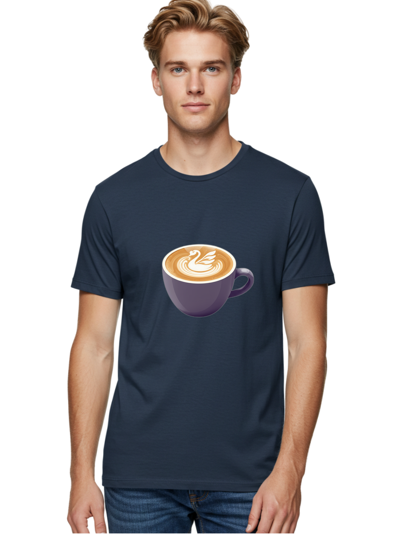 Coffee-Cup-With-Swan Men'S Graphic Tee, 100% Cotton, Comfortable Casual Summer Wear, Machine Washable, Coffee Cup, Cappuccino, Latte Art, Swan Design, Purple Cup, White Foam, Coffee Drink, Cafe Culture, Morning Coffee, Coffee Lover Baa365