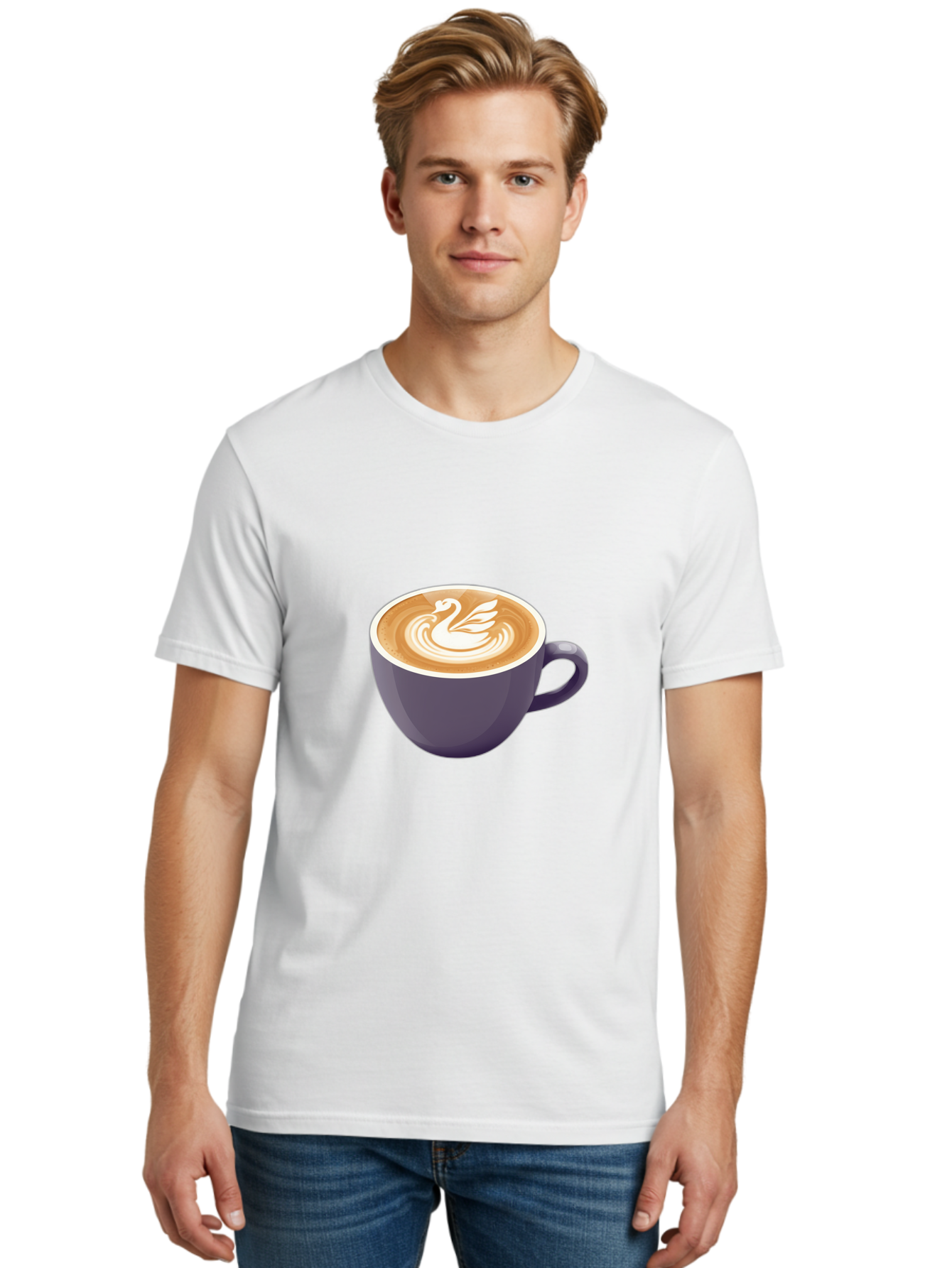 Coffee-Cup-With-Swan Men'S Graphic Tee, 100% Cotton, Comfortable Casual Summer Wear, Machine Washable, Coffee Cup, Cappuccino, Latte Art, Swan Design, Purple Cup, White Foam, Coffee Drink, Cafe Culture, Morning Coffee, Coffee Lover Baa365