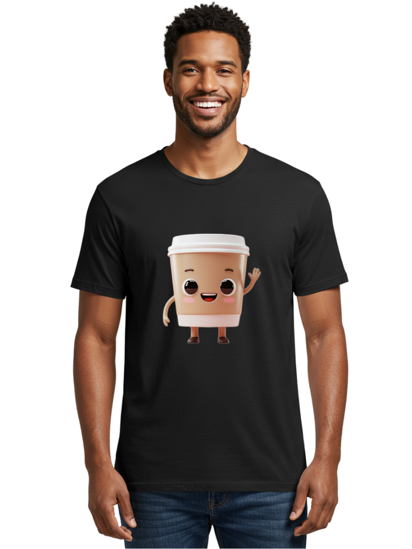 Coffee-Cup Men'S Graphic Tee, 100% Cotton, Comfortable Casual Summer Wear, Machine Washable, Cartoon Coffee Cup, Anthropomorphic Character, Smiling Face, Friendly Gesture, Happy Expression, 3D Illustration, Coffee Culture, Morning Pick-Me-Up, Baa366