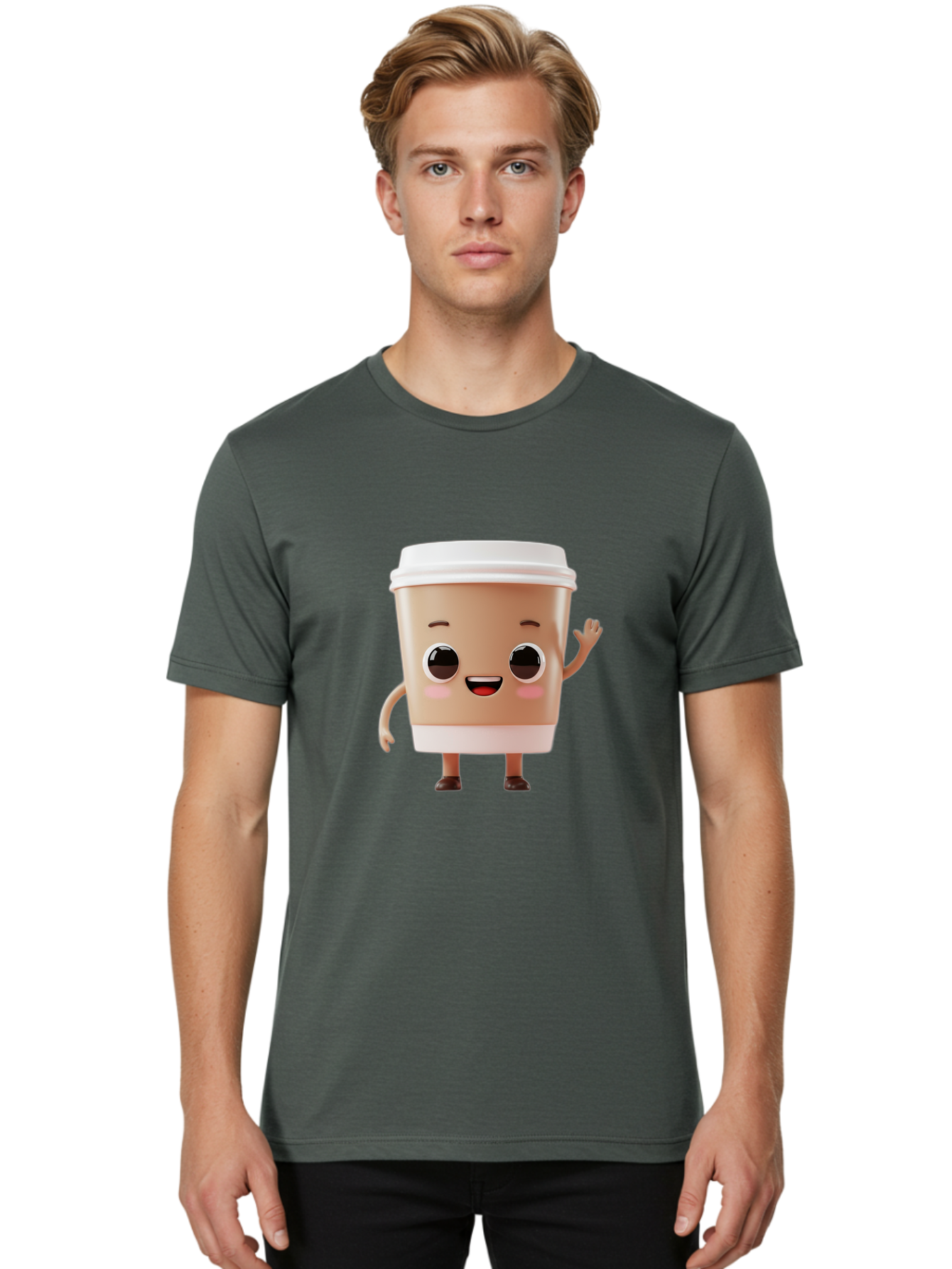 Coffee-Cup Men'S Graphic Tee, 100% Cotton, Comfortable Casual Summer Wear, Machine Washable, Cartoon Coffee Cup, Anthropomorphic Character, Smiling Face, Friendly Gesture, Happy Expression, 3D Illustration, Coffee Culture, Morning Pick-Me-Up, Baa366