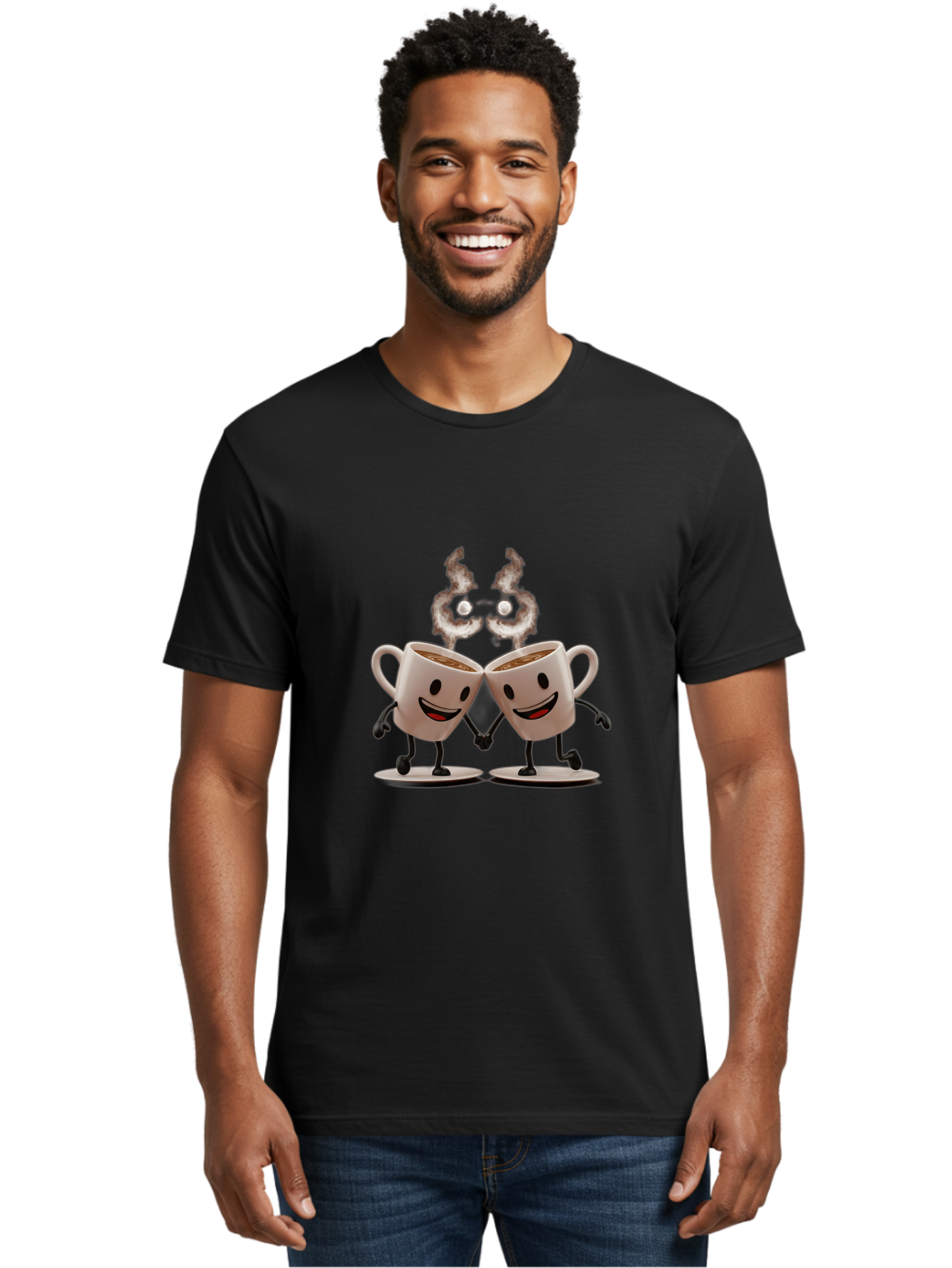 Coffee-Cups-2 Men'S Graphic Tee, 100% Cotton, Comfortable Casual Summer Wear, Machine Washable, Cartoon Coffee Cups Holding Hands, Smiling Faces, Coffee Steam, Adorable Characters, Quirky Illustration, Playful Design, Coffee Lovers, Baa368