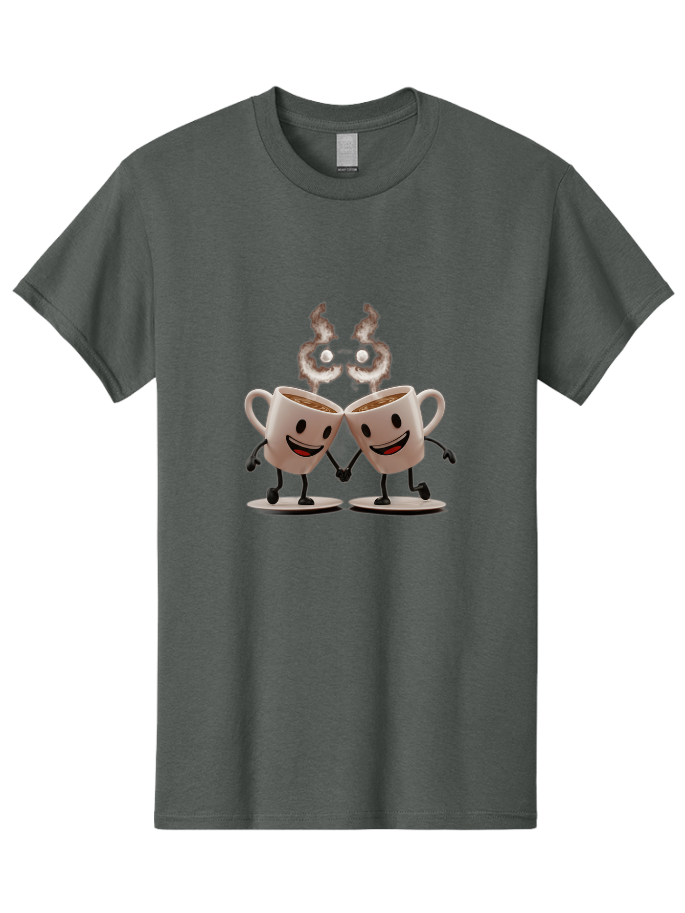 Coffee-Cups-2 Men'S Graphic Tee, 100% Cotton, Comfortable Casual Summer Wear, Machine Washable, Cartoon Coffee Cups Holding Hands, Smiling Faces, Coffee Steam, Adorable Characters, Quirky Illustration, Playful Design, Coffee Lovers, Baa368