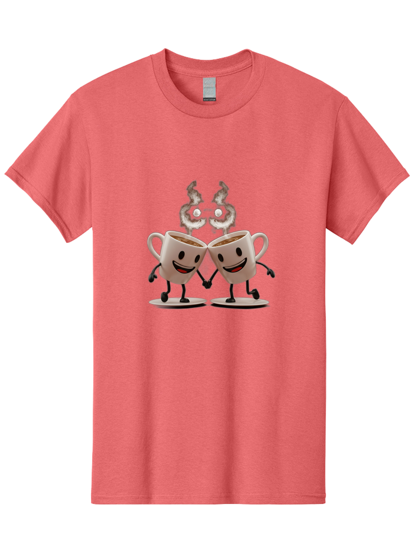 Coffee-Cups-2 Men'S Graphic Tee, 100% Cotton, Comfortable Casual Summer Wear, Machine Washable, Cartoon Coffee Cups Holding Hands, Smiling Faces, Coffee Steam, Adorable Characters, Quirky Illustration, Playful Design, Coffee Lovers, Baa368