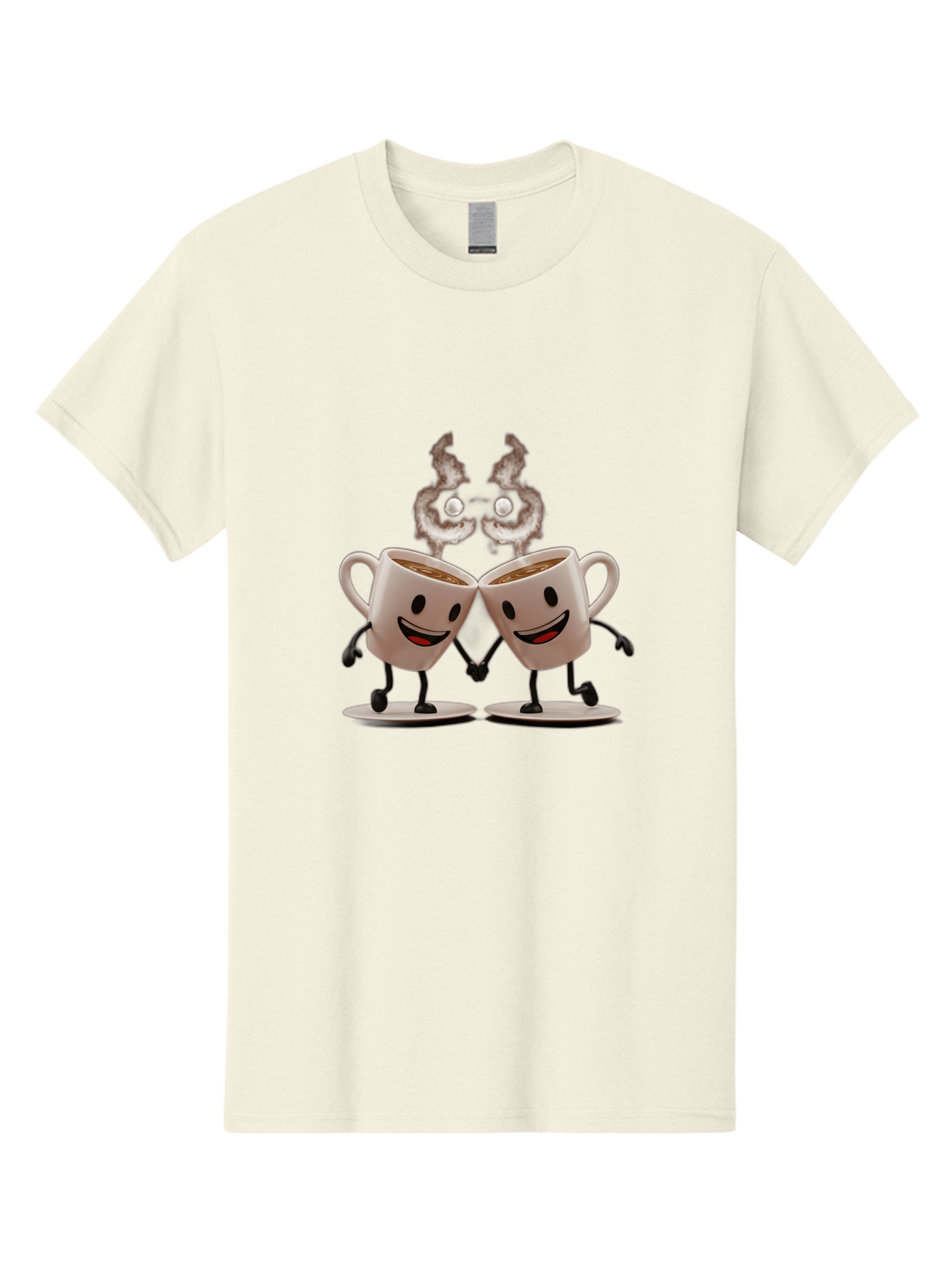 Coffee-Cups-2 Men'S Graphic Tee, 100% Cotton, Comfortable Casual Summer Wear, Machine Washable, Cartoon Coffee Cups Holding Hands, Smiling Faces, Coffee Steam, Adorable Characters, Quirky Illustration, Playful Design, Coffee Lovers, Baa368