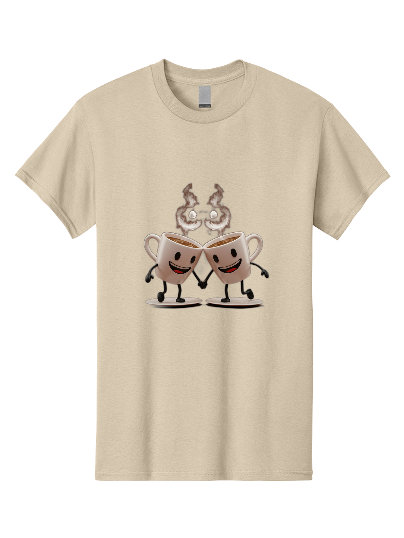 Coffee-Cups-2 Men'S Graphic Tee, 100% Cotton, Comfortable Casual Summer Wear, Machine Washable, Cartoon Coffee Cups Holding Hands, Smiling Faces, Coffee Steam, Adorable Characters, Quirky Illustration, Playful Design, Coffee Lovers, Baa368