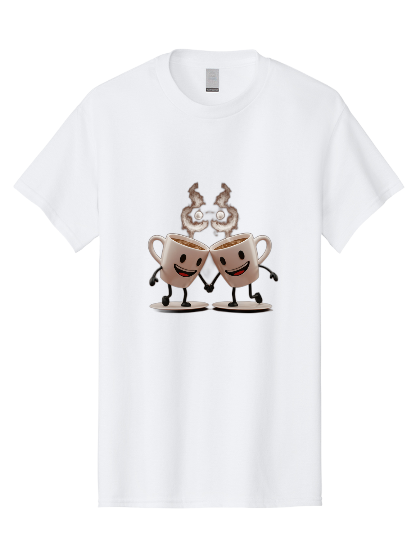 Coffee-Cups-2 Men'S Graphic Tee, 100% Cotton, Comfortable Casual Summer Wear, Machine Washable, Cartoon Coffee Cups Holding Hands, Smiling Faces, Coffee Steam, Adorable Characters, Quirky Illustration, Playful Design, Coffee Lovers, Baa368