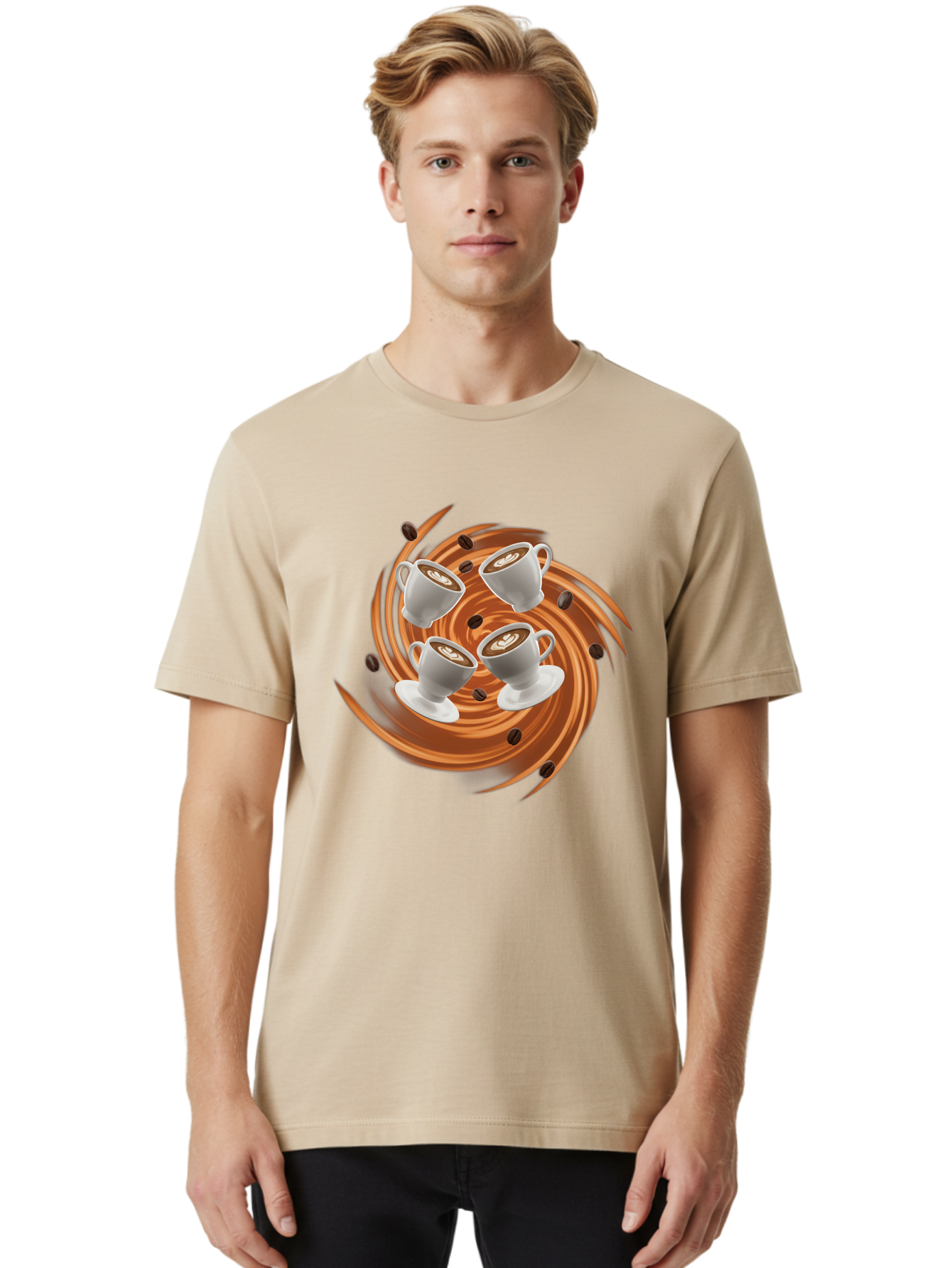 Coffee-Cups Men'S Graphic Tee, 100% Cotton, Comfortable Casual Summer Wear, Machine Washable, Coffee Cups, Espresso, Coffee Beans, Swirling Motion, Rich Coffee, Coffee Art, Latte Art, Coffee Culture Baa370