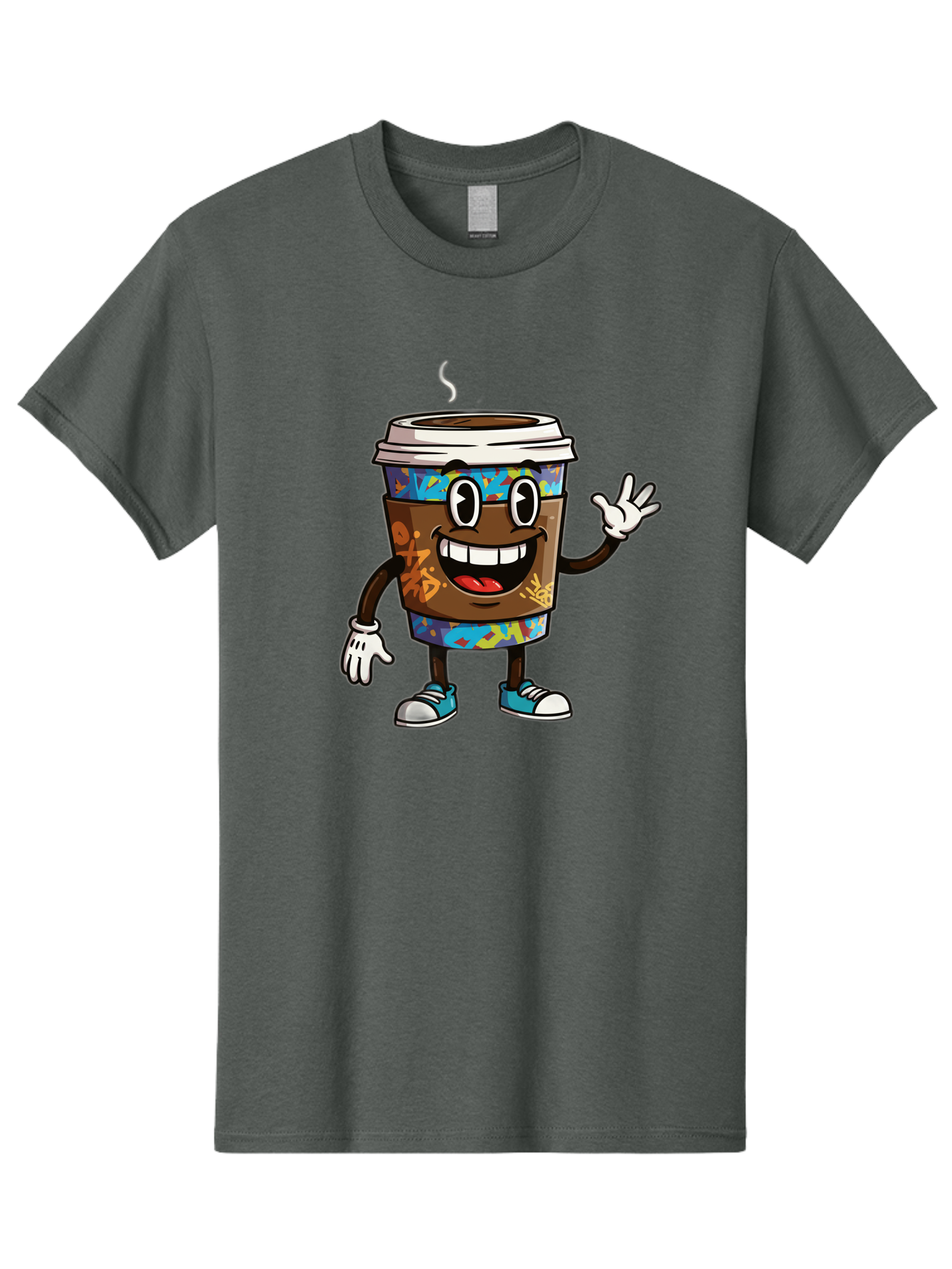 Coffee-Mug-Character Men'S Graphic Tee, 100% Cotton, Comfortable Casual Summer Wear, Machine Washable, Cartoon Personified Coffee Cup, Brown Coffee Cup Character, Smiling Coffee, Coffee Cup Mascot, Positive Vibes, Waving Coffee Cup, Baa378