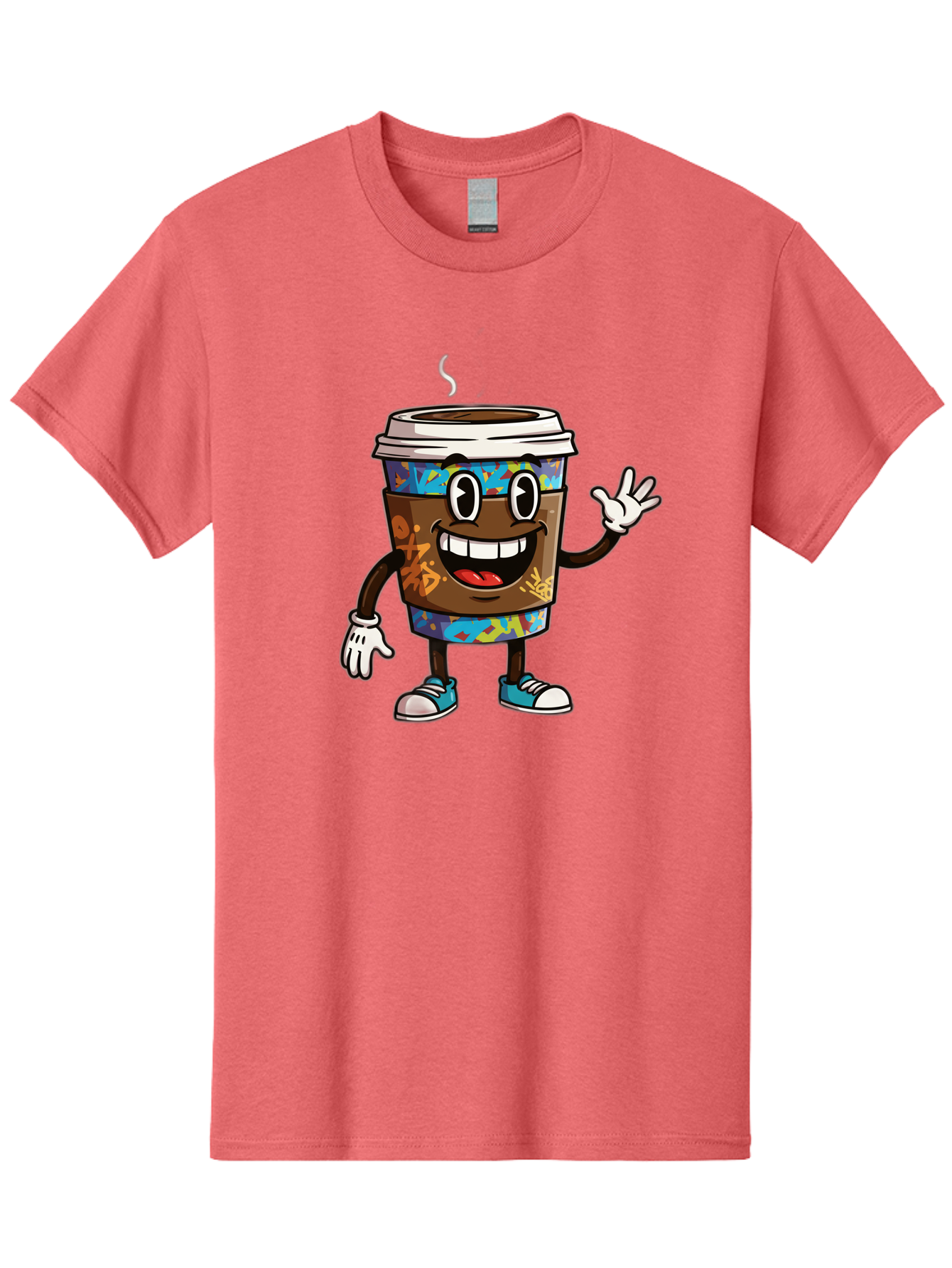 Coffee-Mug-Character Men'S Graphic Tee, 100% Cotton, Comfortable Casual Summer Wear, Machine Washable, Cartoon Personified Coffee Cup, Brown Coffee Cup Character, Smiling Coffee, Coffee Cup Mascot, Positive Vibes, Waving Coffee Cup, Baa378