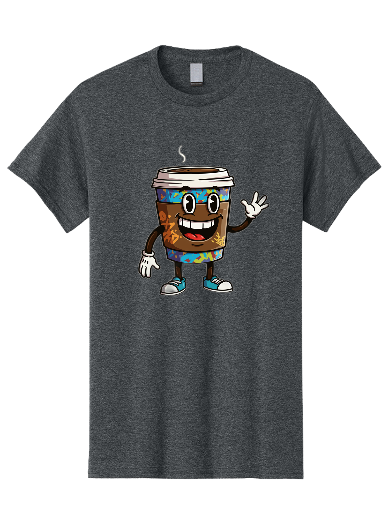 Coffee-Mug-Character Men'S Graphic Tee, 100% Cotton, Comfortable Casual Summer Wear, Machine Washable, Cartoon Personified Coffee Cup, Brown Coffee Cup Character, Smiling Coffee, Coffee Cup Mascot, Positive Vibes, Waving Coffee Cup, Baa378