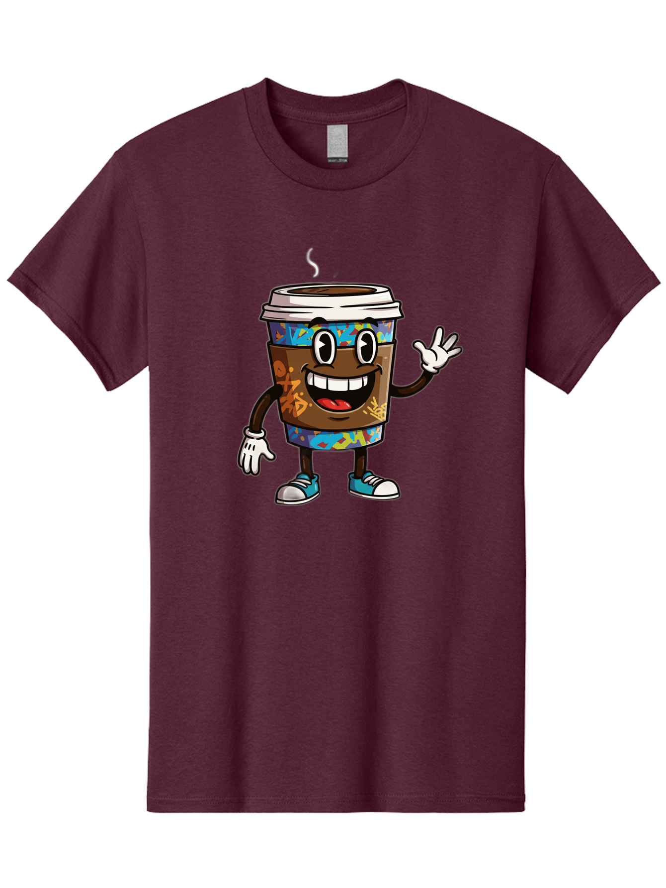 Coffee-Mug-Character Men'S Graphic Tee, 100% Cotton, Comfortable Casual Summer Wear, Machine Washable, Cartoon Personified Coffee Cup, Brown Coffee Cup Character, Smiling Coffee, Coffee Cup Mascot, Positive Vibes, Waving Coffee Cup, Baa378