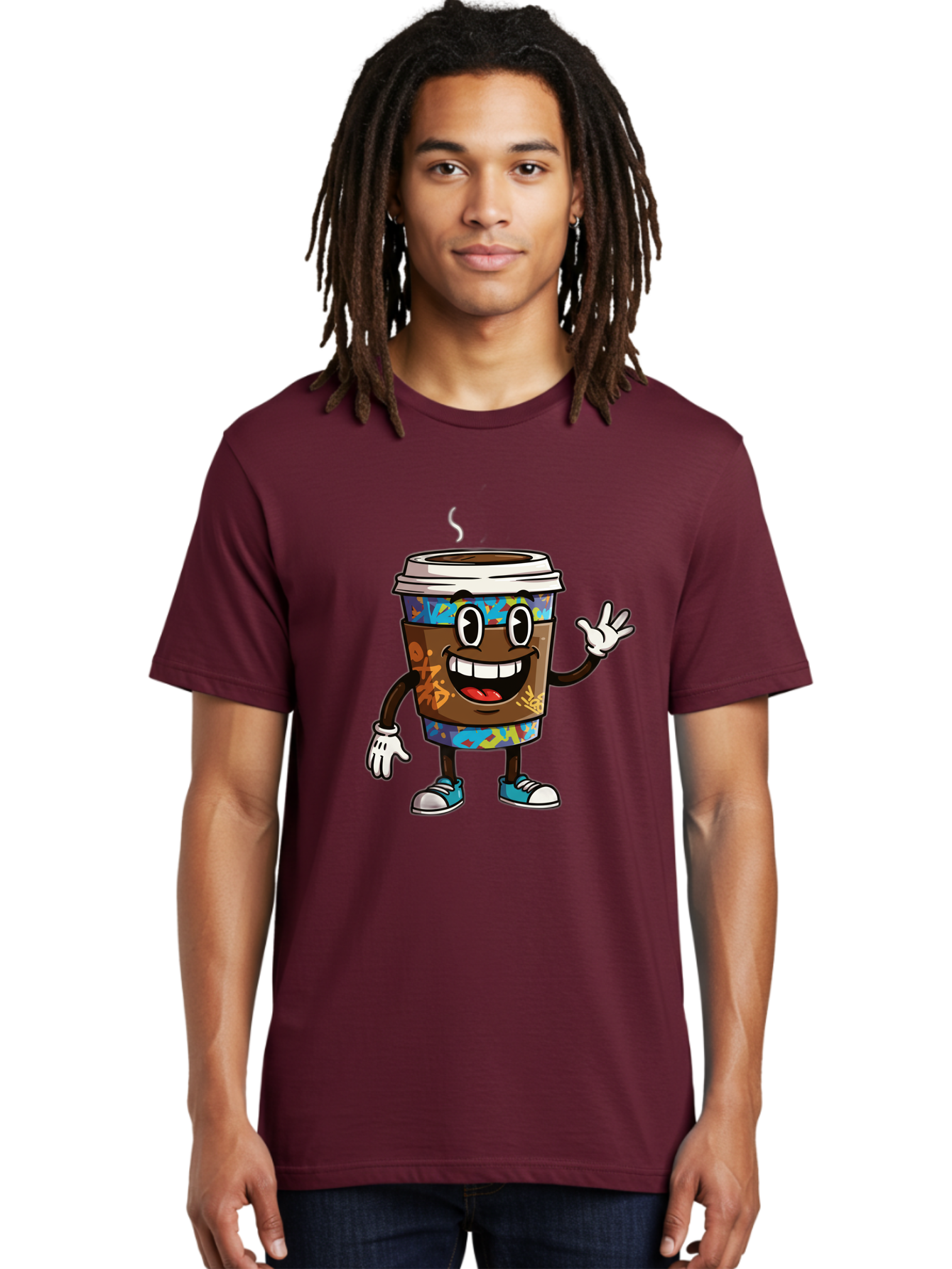 Coffee-Mug-Character Men'S Graphic Tee, 100% Cotton, Comfortable Casual Summer Wear, Machine Washable, Cartoon Personified Coffee Cup, Brown Coffee Cup Character, Smiling Coffee, Coffee Cup Mascot, Positive Vibes, Waving Coffee Cup, Baa378