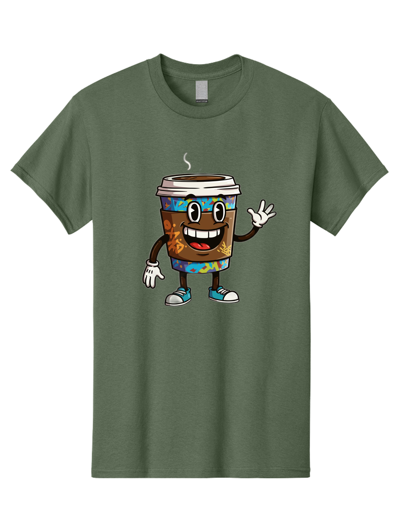 Coffee-Mug-Character Men'S Graphic Tee, 100% Cotton, Comfortable Casual Summer Wear, Machine Washable, Cartoon Personified Coffee Cup, Brown Coffee Cup Character, Smiling Coffee, Coffee Cup Mascot, Positive Vibes, Waving Coffee Cup, Baa378
