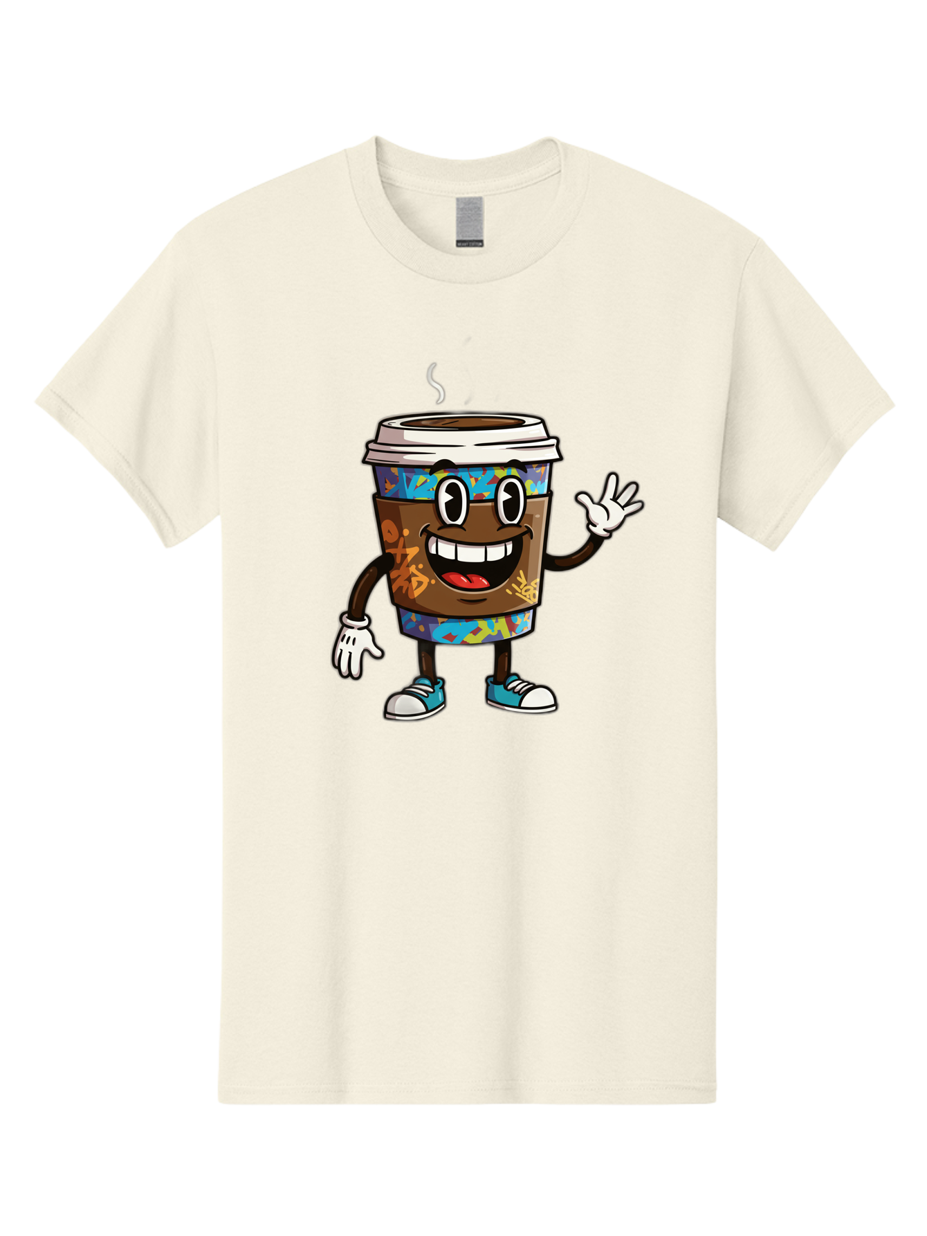 Coffee-Mug-Character Men'S Graphic Tee, 100% Cotton, Comfortable Casual Summer Wear, Machine Washable, Cartoon Personified Coffee Cup, Brown Coffee Cup Character, Smiling Coffee, Coffee Cup Mascot, Positive Vibes, Waving Coffee Cup, Baa378