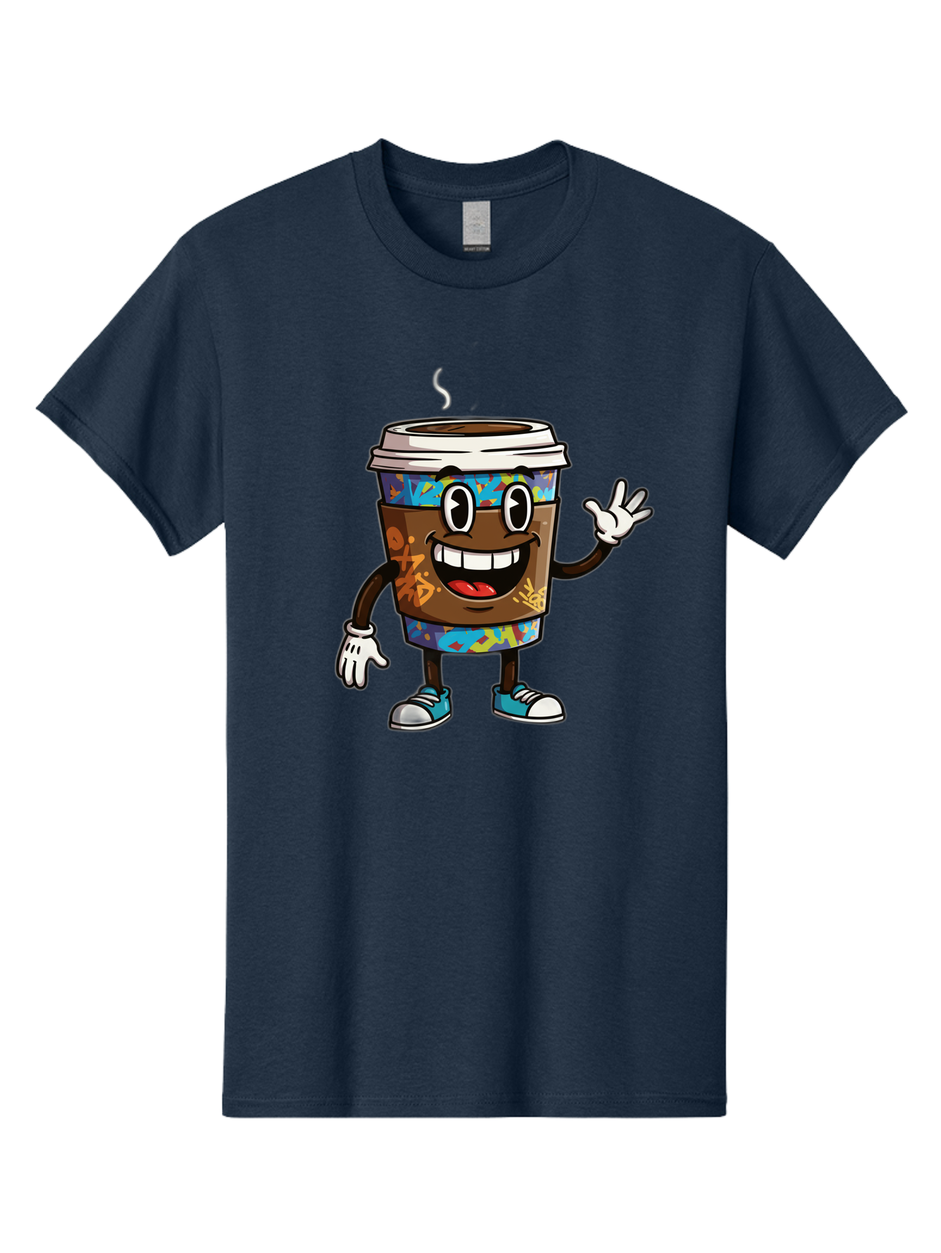 Coffee-Mug-Character Men'S Graphic Tee, 100% Cotton, Comfortable Casual Summer Wear, Machine Washable, Cartoon Personified Coffee Cup, Brown Coffee Cup Character, Smiling Coffee, Coffee Cup Mascot, Positive Vibes, Waving Coffee Cup, Baa378