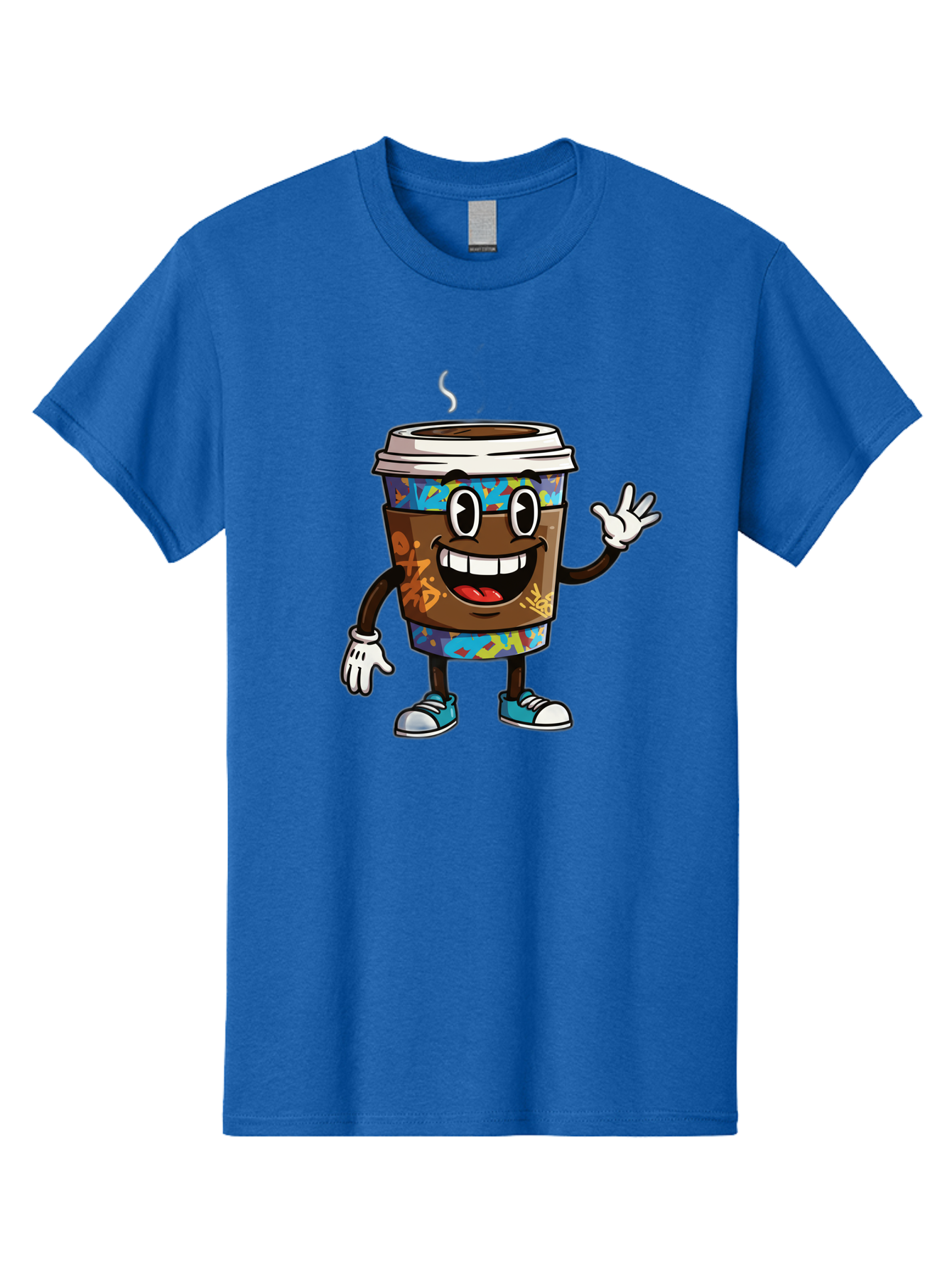 Coffee-Mug-Character Men'S Graphic Tee, 100% Cotton, Comfortable Casual Summer Wear, Machine Washable, Cartoon Personified Coffee Cup, Brown Coffee Cup Character, Smiling Coffee, Coffee Cup Mascot, Positive Vibes, Waving Coffee Cup, Baa378