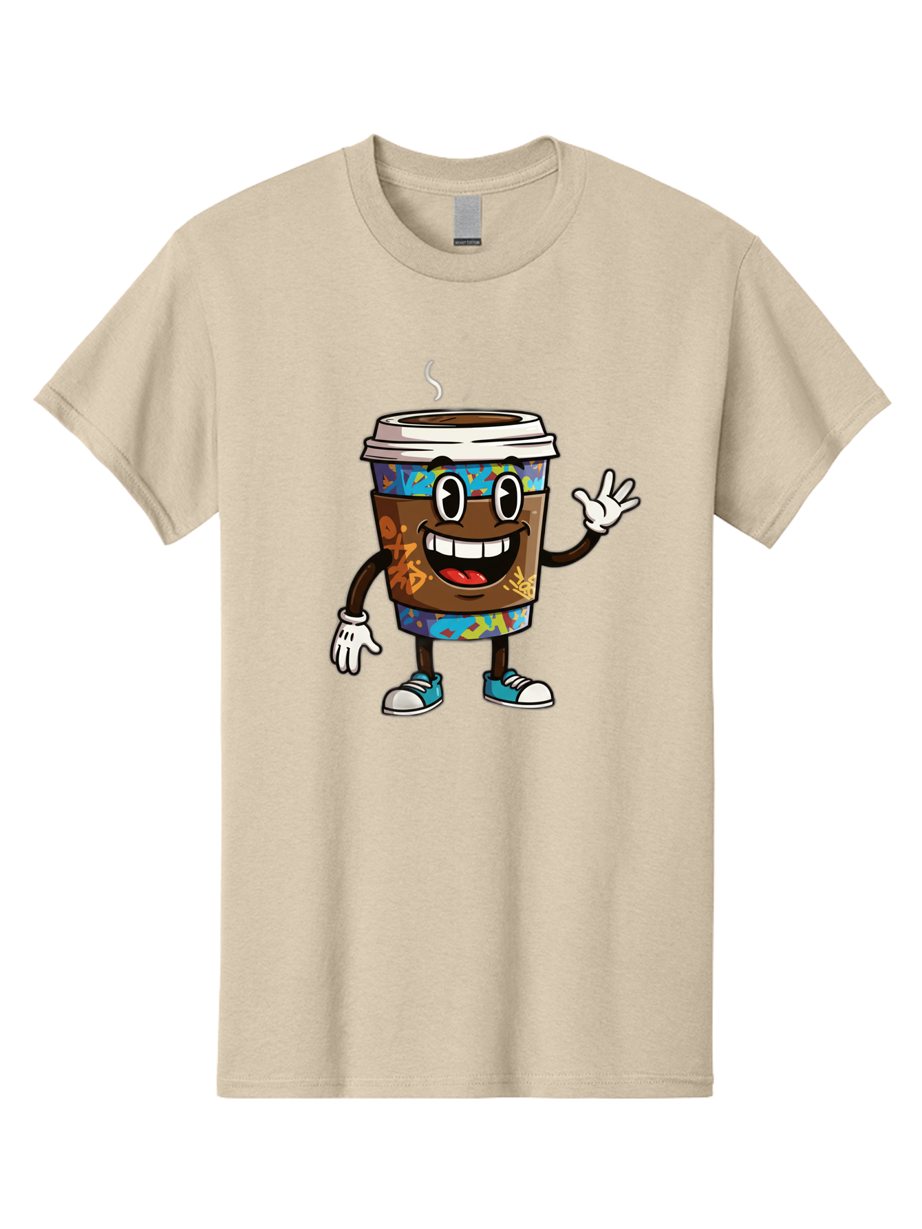 Coffee-Mug-Character Men'S Graphic Tee, 100% Cotton, Comfortable Casual Summer Wear, Machine Washable, Cartoon Personified Coffee Cup, Brown Coffee Cup Character, Smiling Coffee, Coffee Cup Mascot, Positive Vibes, Waving Coffee Cup, Baa378