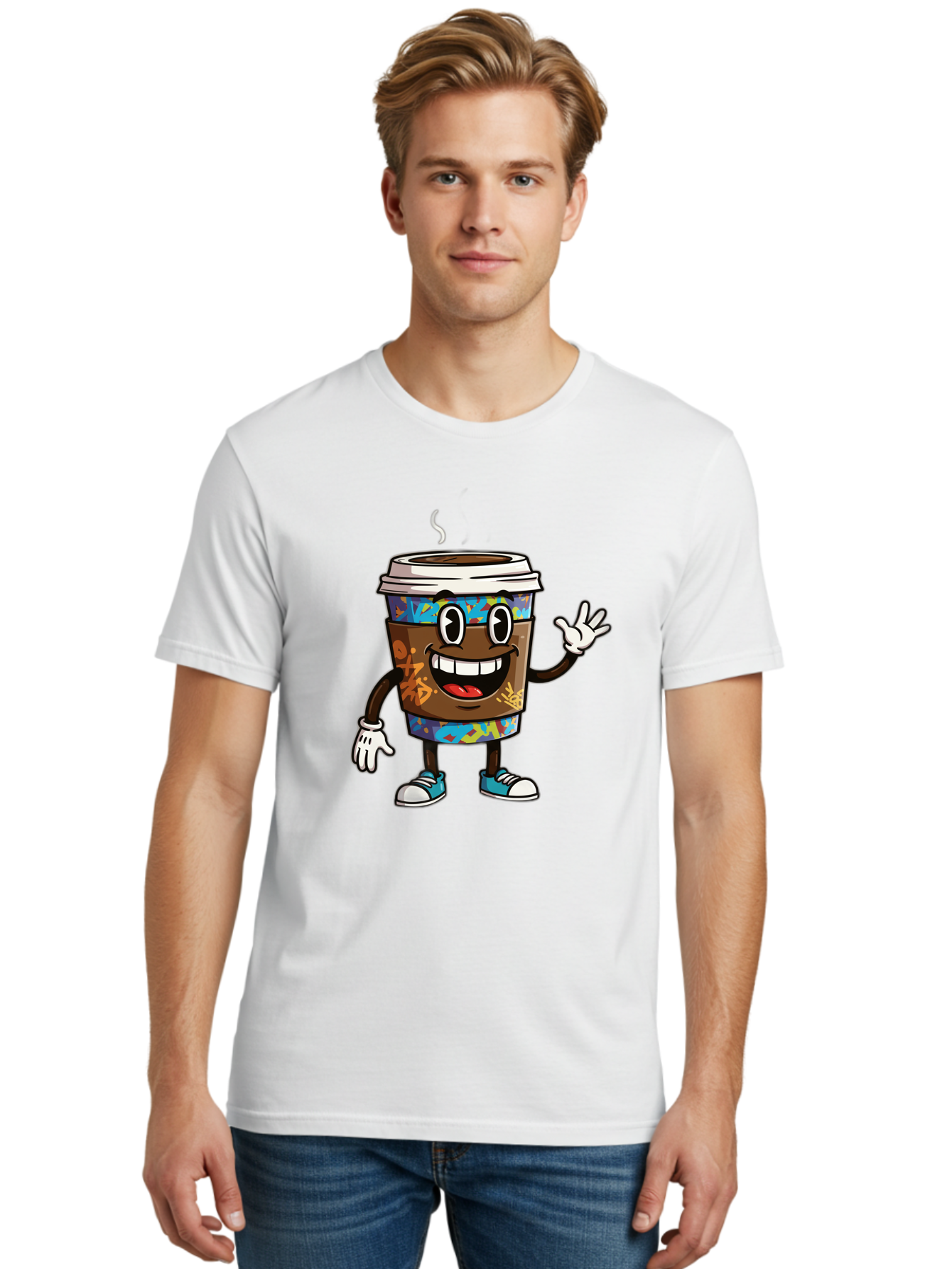 Coffee-Mug-Character Men'S Graphic Tee, 100% Cotton, Comfortable Casual Summer Wear, Machine Washable, Cartoon Personified Coffee Cup, Brown Coffee Cup Character, Smiling Coffee, Coffee Cup Mascot, Positive Vibes, Waving Coffee Cup, Baa378