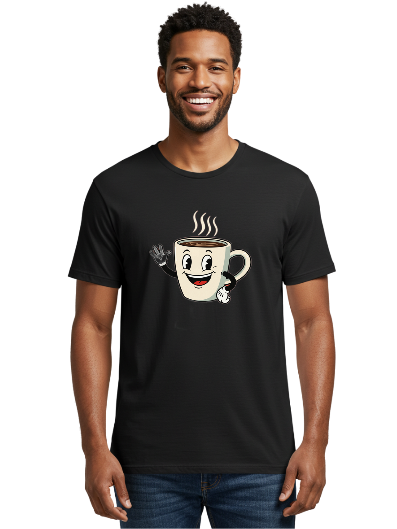 Coffee-Mug Men'S Graphic Tee, 100% Cotton, Comfortable Casual Summer Wear, Machine Washable, Cartoon Coffee Mug, Steaming Hot Coffee, Happy Face, Waving Hand, Smiling, Cheerful, Friendly, Coffee Break, Morning Pick-Me-Up Baa379