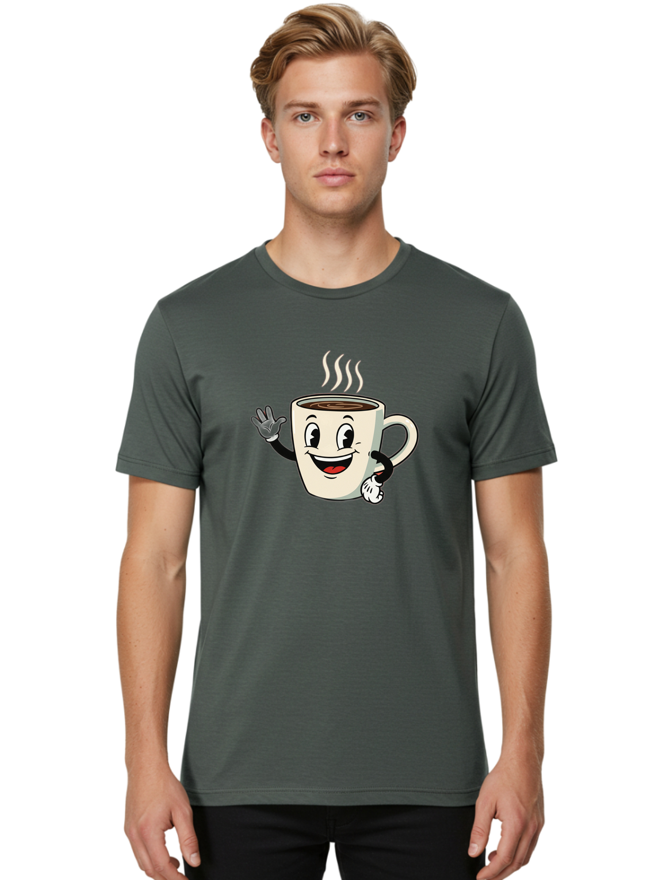 Coffee-Mug Men'S Graphic Tee, 100% Cotton, Comfortable Casual Summer Wear, Machine Washable, Cartoon Coffee Mug, Steaming Hot Coffee, Happy Face, Waving Hand, Smiling, Cheerful, Friendly, Coffee Break, Morning Pick-Me-Up Baa379