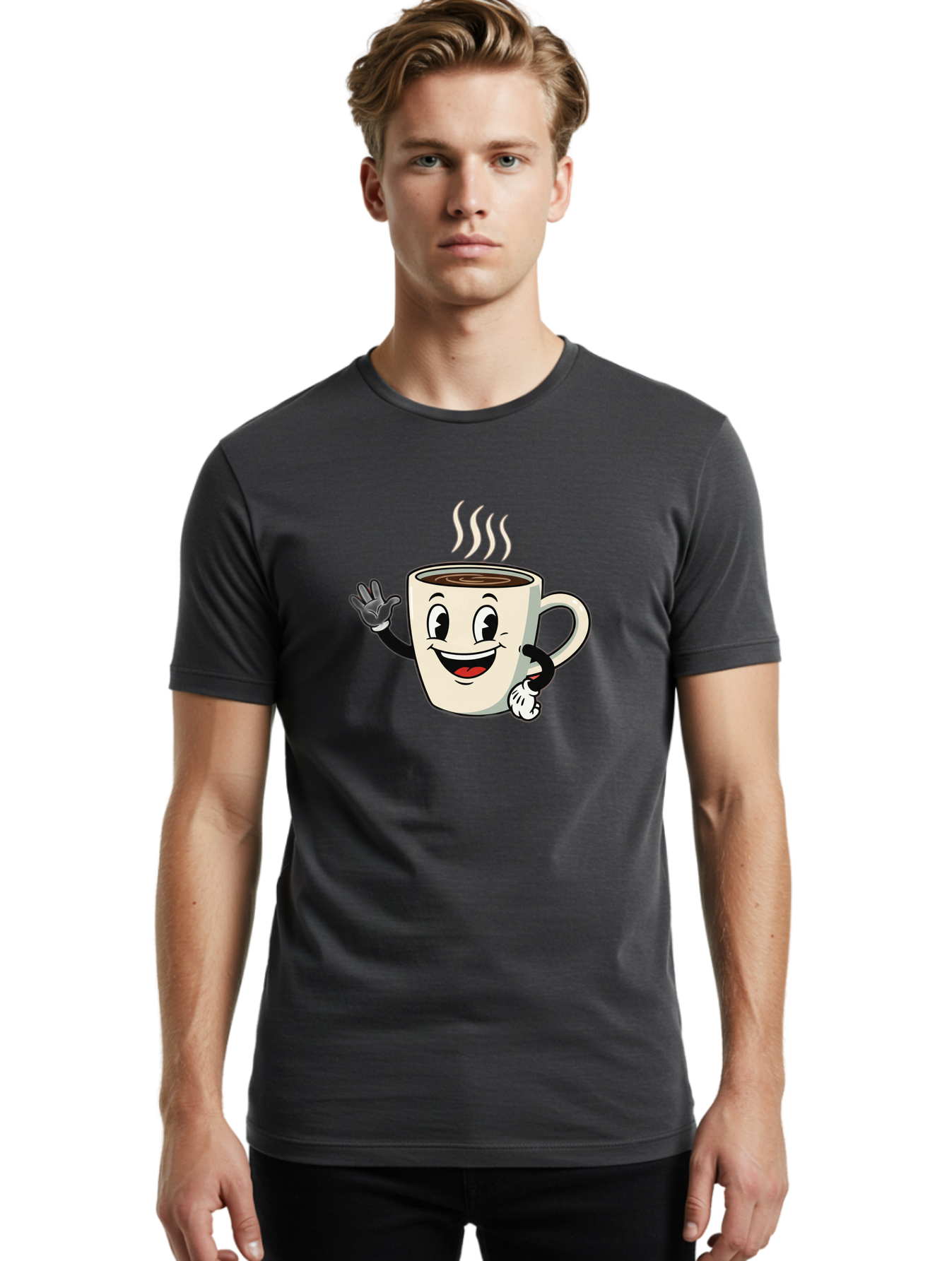 Coffee-Mug Men'S Graphic Tee, 100% Cotton, Comfortable Casual Summer Wear, Machine Washable, Cartoon Coffee Mug, Steaming Hot Coffee, Happy Face, Waving Hand, Smiling, Cheerful, Friendly, Coffee Break, Morning Pick-Me-Up Baa379
