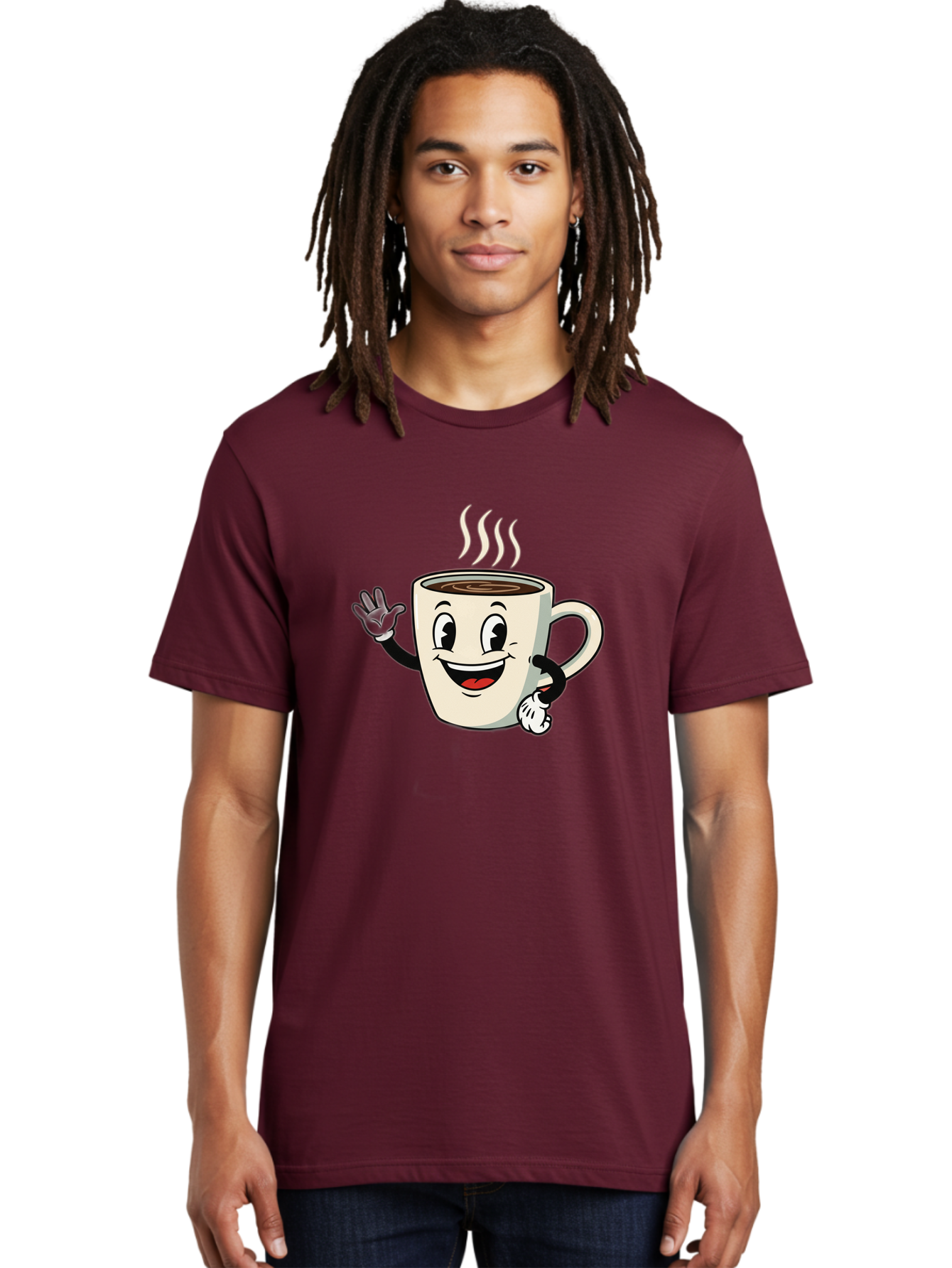Coffee-Mug Men'S Graphic Tee, 100% Cotton, Comfortable Casual Summer Wear, Machine Washable, Cartoon Coffee Mug, Steaming Hot Coffee, Happy Face, Waving Hand, Smiling, Cheerful, Friendly, Coffee Break, Morning Pick-Me-Up Baa379
