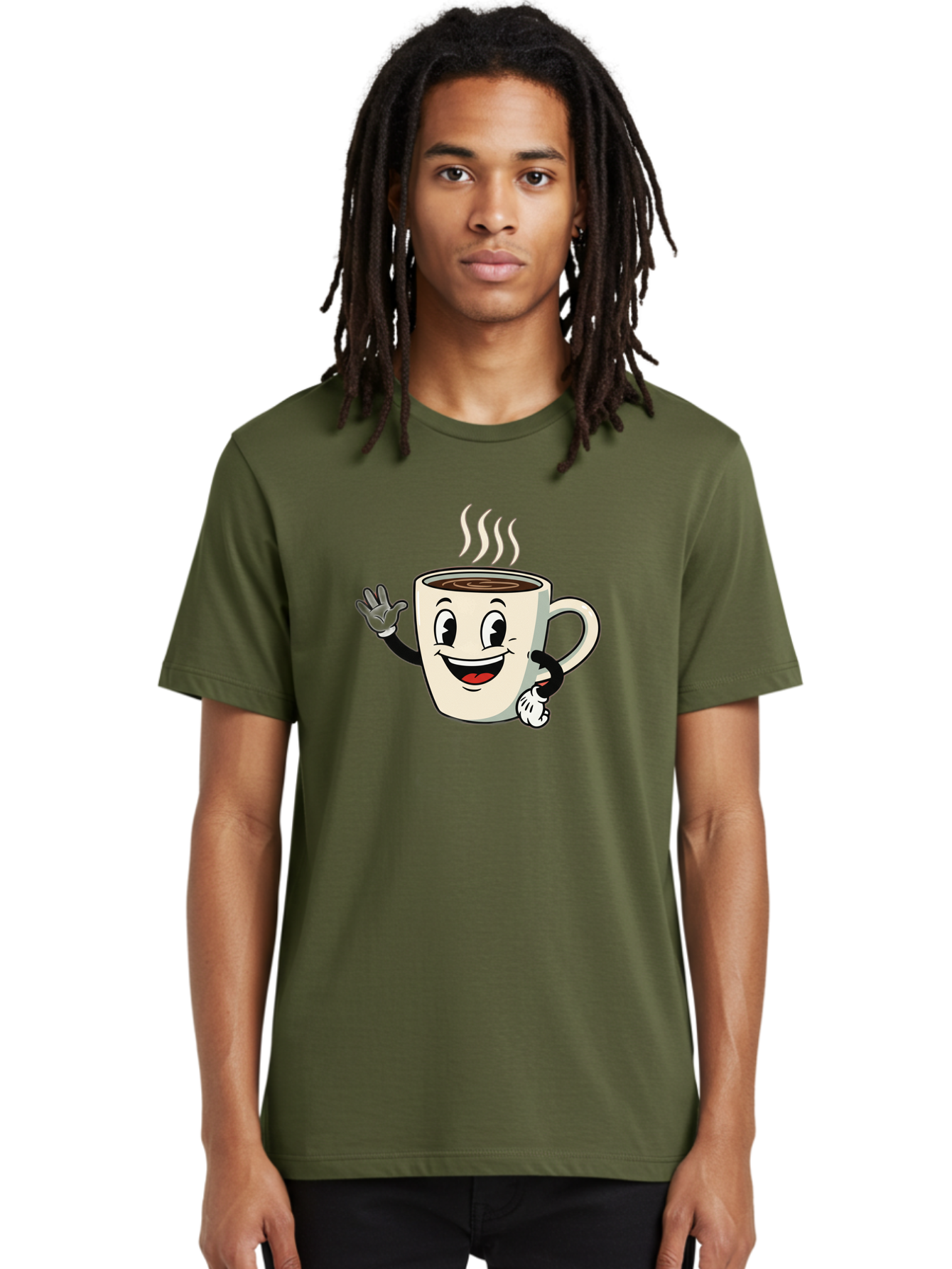 Coffee-Mug Men'S Graphic Tee, 100% Cotton, Comfortable Casual Summer Wear, Machine Washable, Cartoon Coffee Mug, Steaming Hot Coffee, Happy Face, Waving Hand, Smiling, Cheerful, Friendly, Coffee Break, Morning Pick-Me-Up Baa379