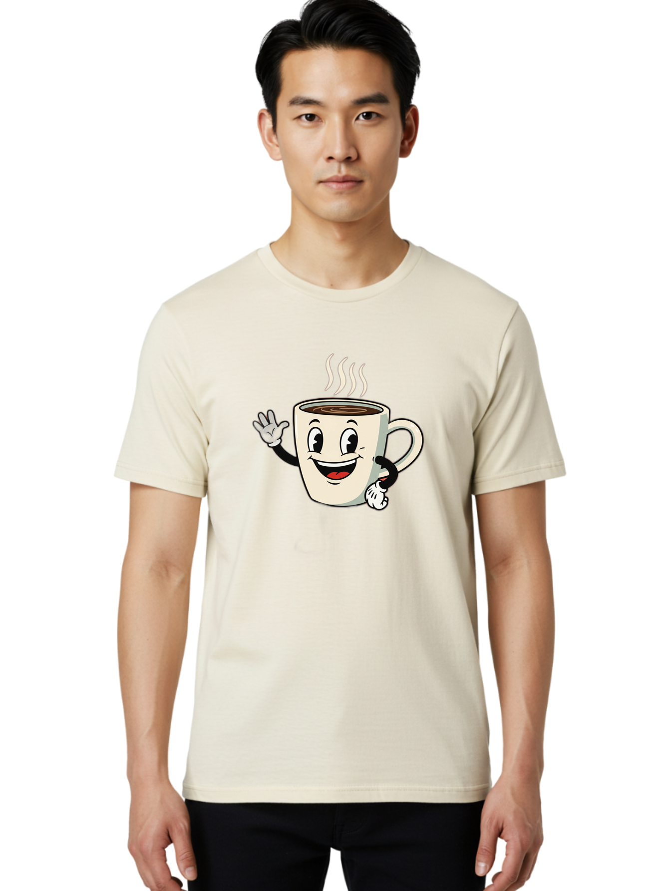 Coffee-Mug Men'S Graphic Tee, 100% Cotton, Comfortable Casual Summer Wear, Machine Washable, Cartoon Coffee Mug, Steaming Hot Coffee, Happy Face, Waving Hand, Smiling, Cheerful, Friendly, Coffee Break, Morning Pick-Me-Up Baa379