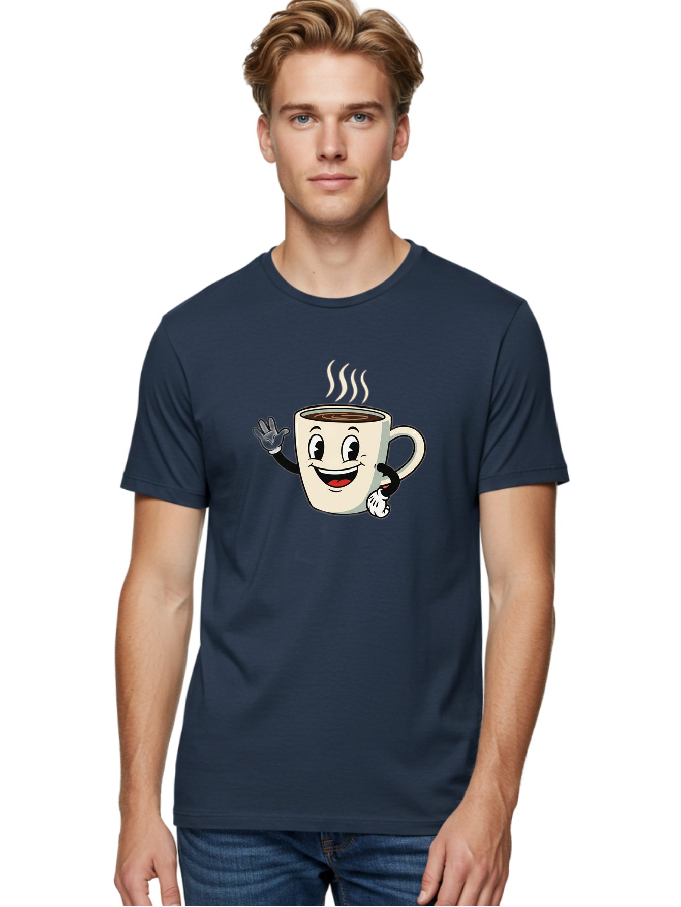 Coffee-Mug Men'S Graphic Tee, 100% Cotton, Comfortable Casual Summer Wear, Machine Washable, Cartoon Coffee Mug, Steaming Hot Coffee, Happy Face, Waving Hand, Smiling, Cheerful, Friendly, Coffee Break, Morning Pick-Me-Up Baa379