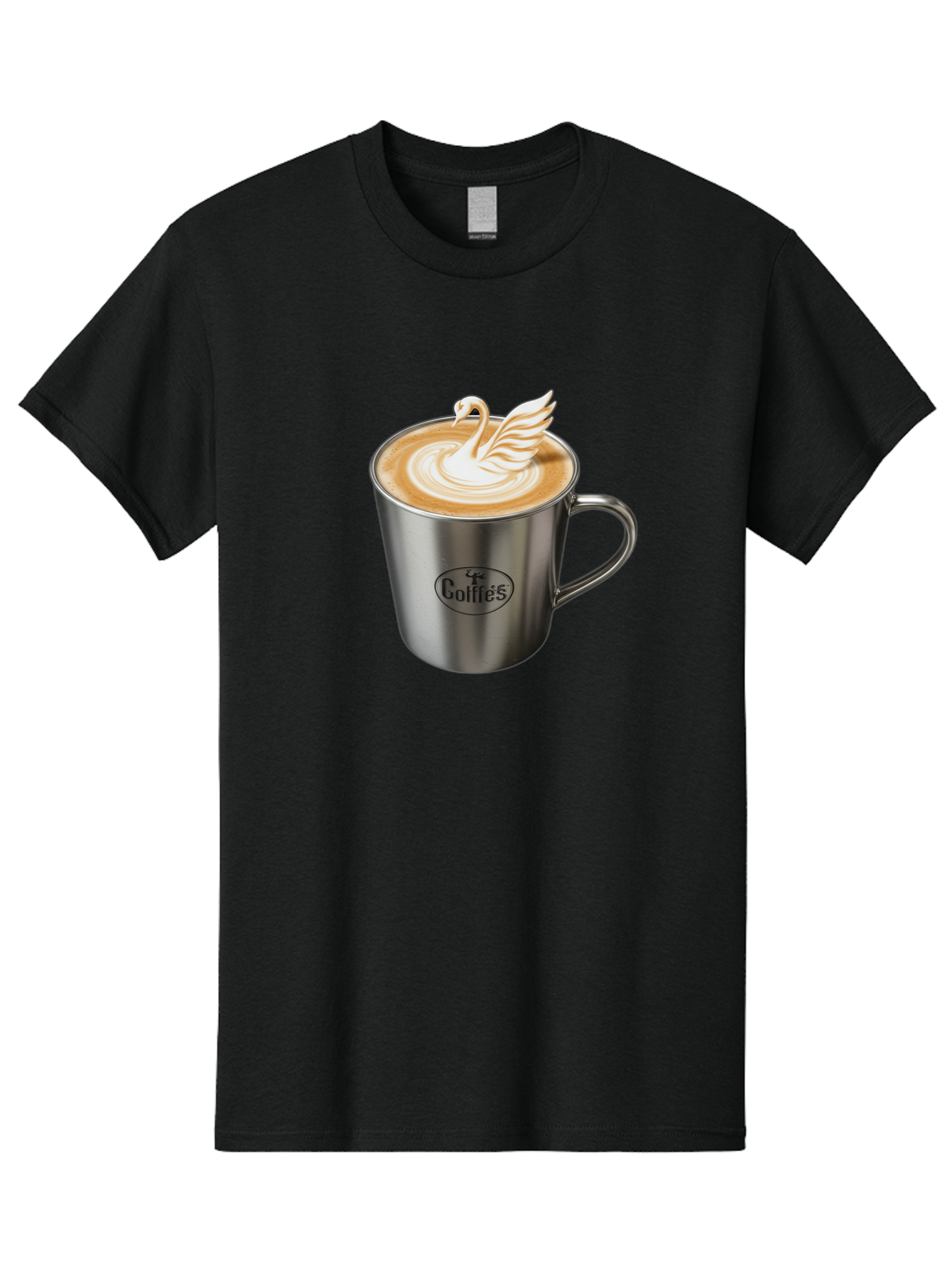 Coffies Men'S Graphic Tee, 100% Cotton, Comfortable Casual Summer Wear, Machine Washable, Coffee, Latte Art, Swan Design, Foamy Texture, Cappuccino, Beverage, Coffee Mug, Stainless Steel Mug, Coffies Branding, Coffee Culture Baa382