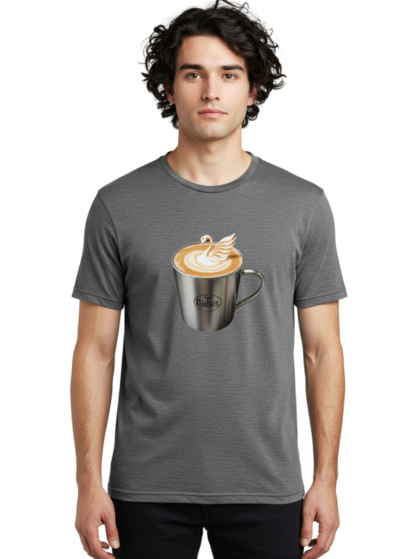 Coffies Men'S Graphic Tee, 100% Cotton, Comfortable Casual Summer Wear, Machine Washable, Coffee, Latte Art, Swan Design, Foamy Texture, Cappuccino, Beverage, Coffee Mug, Stainless Steel Mug, Coffies Branding, Coffee Culture Baa382